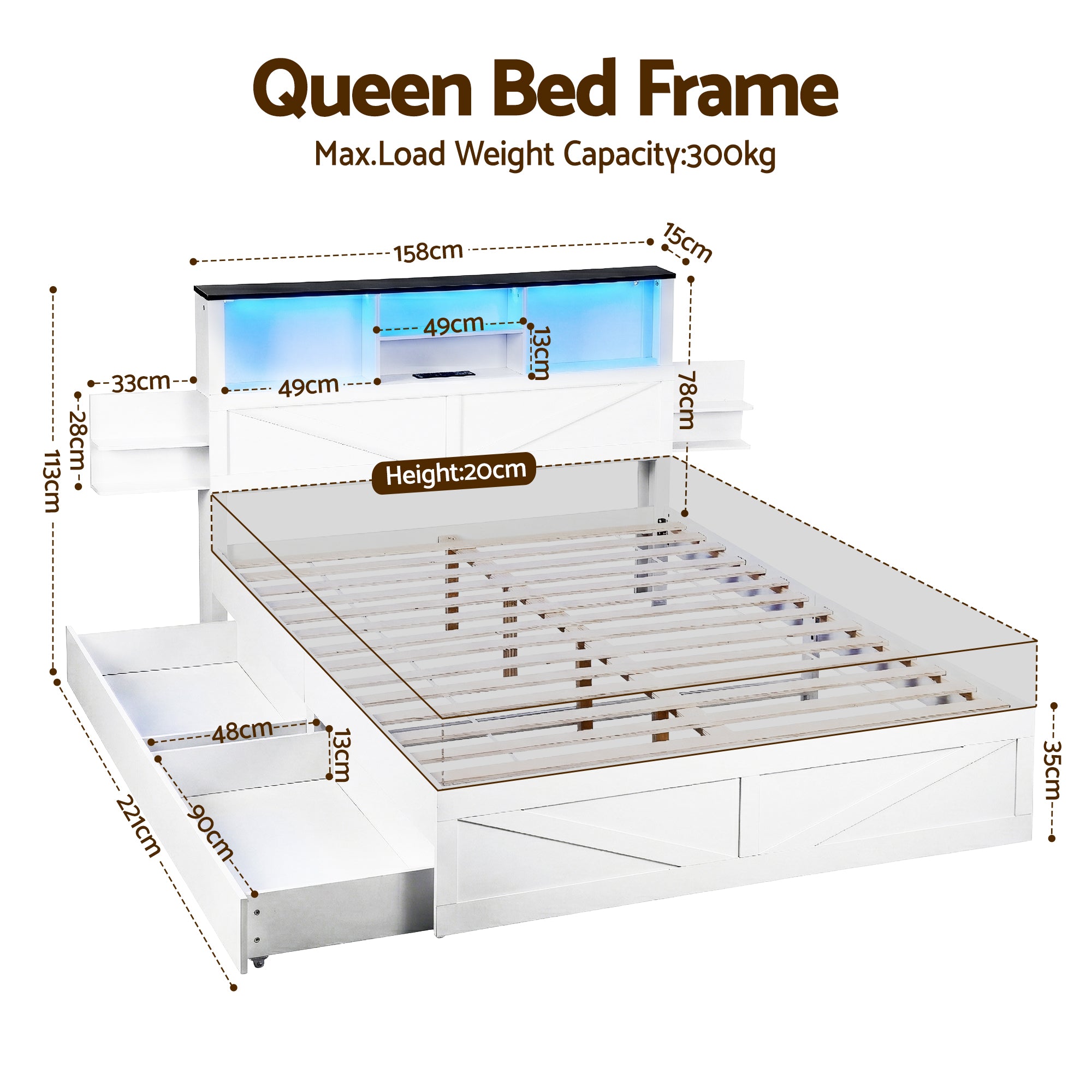 Lennox Queen Bed Frame with Storage Headboard, LED Lights and USB Charging - White