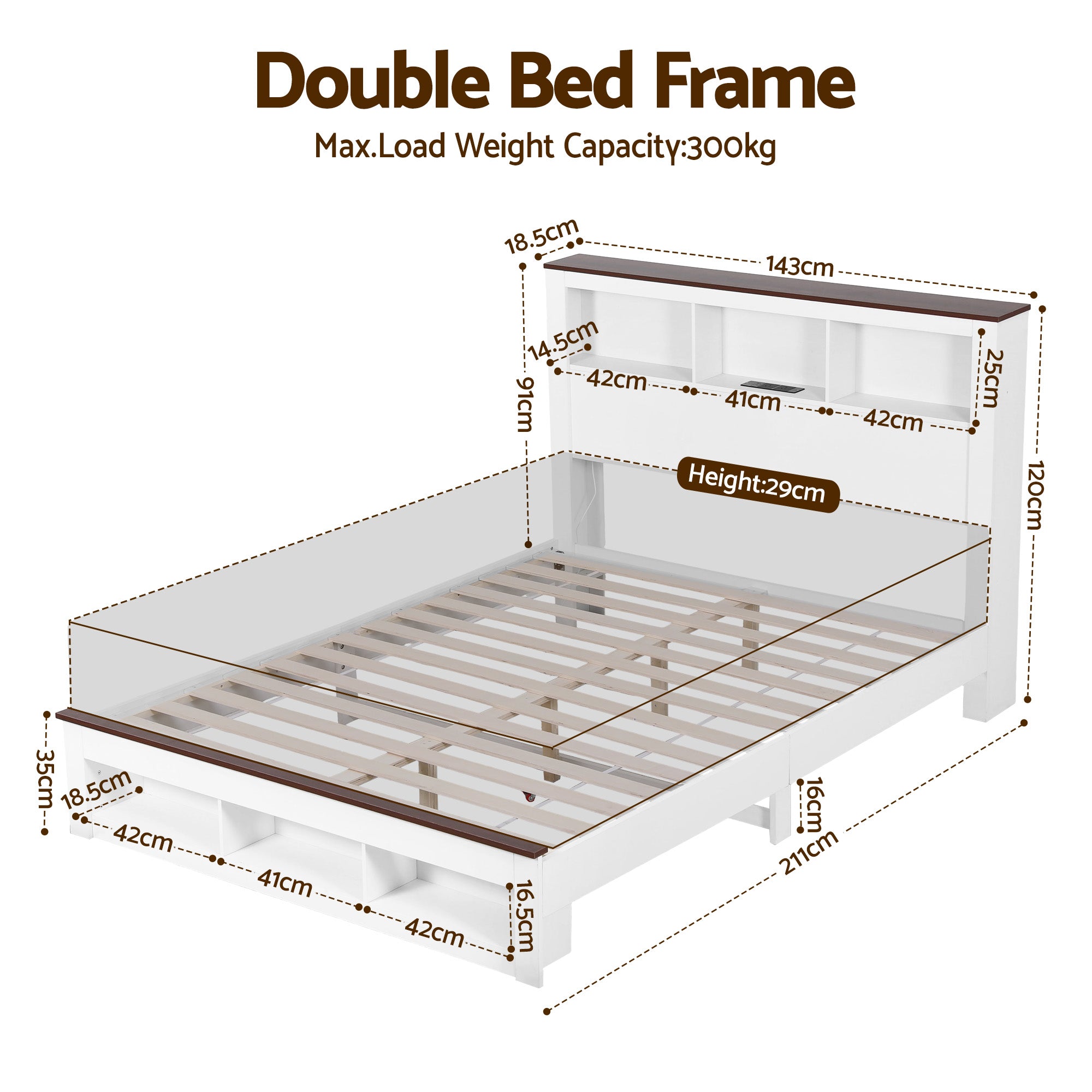 Farmhouse Double Wooden LED Storage Bed Frame with USB Charging - White