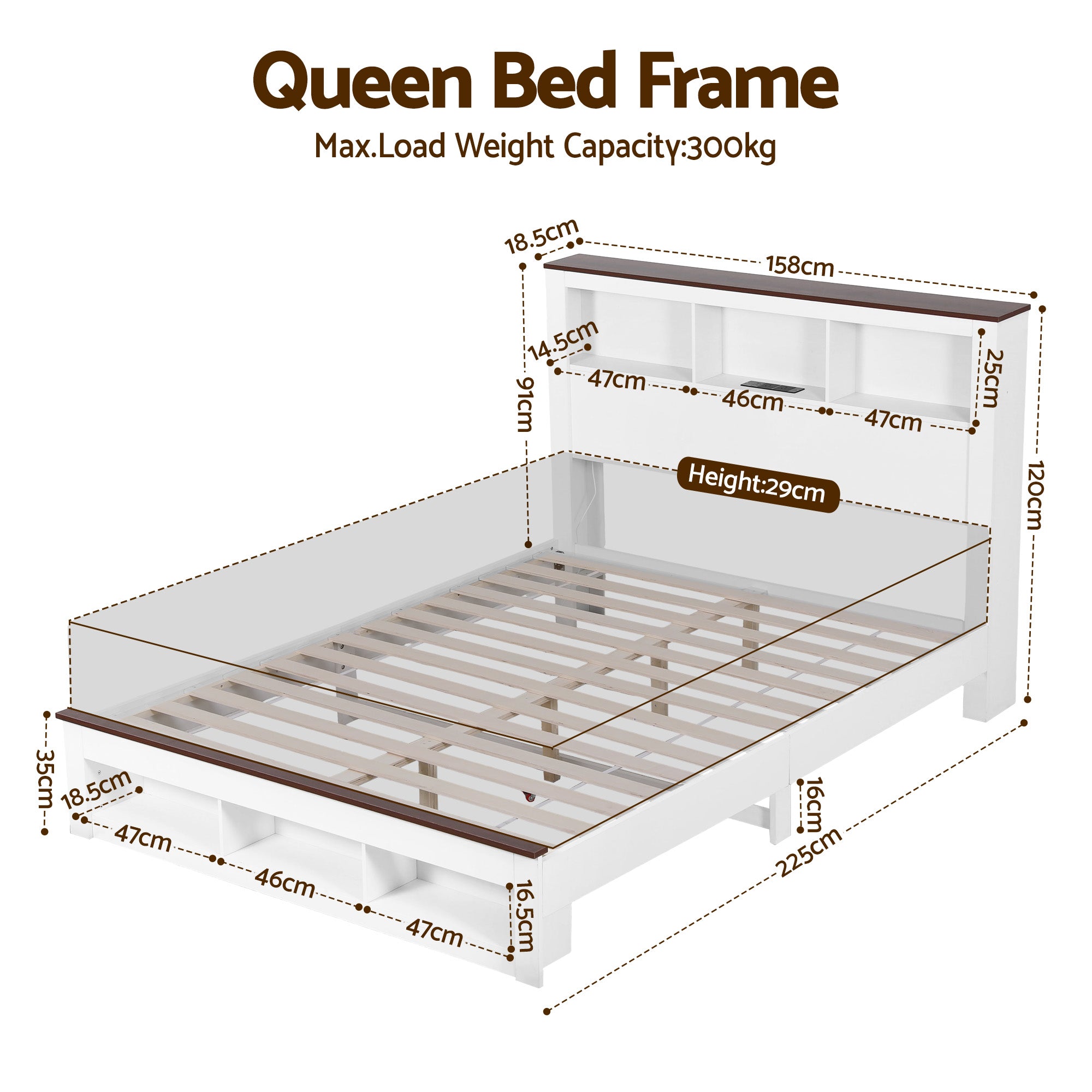 Farmhouse Queen Wooden LED Storage Bed Frame with USB Charging - White