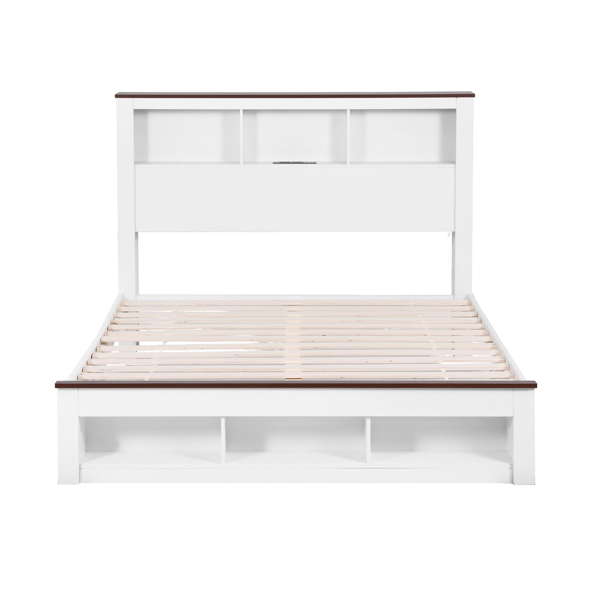 Farmhouse Queen Wooden LED Storage Bed Frame with USB Charging - White