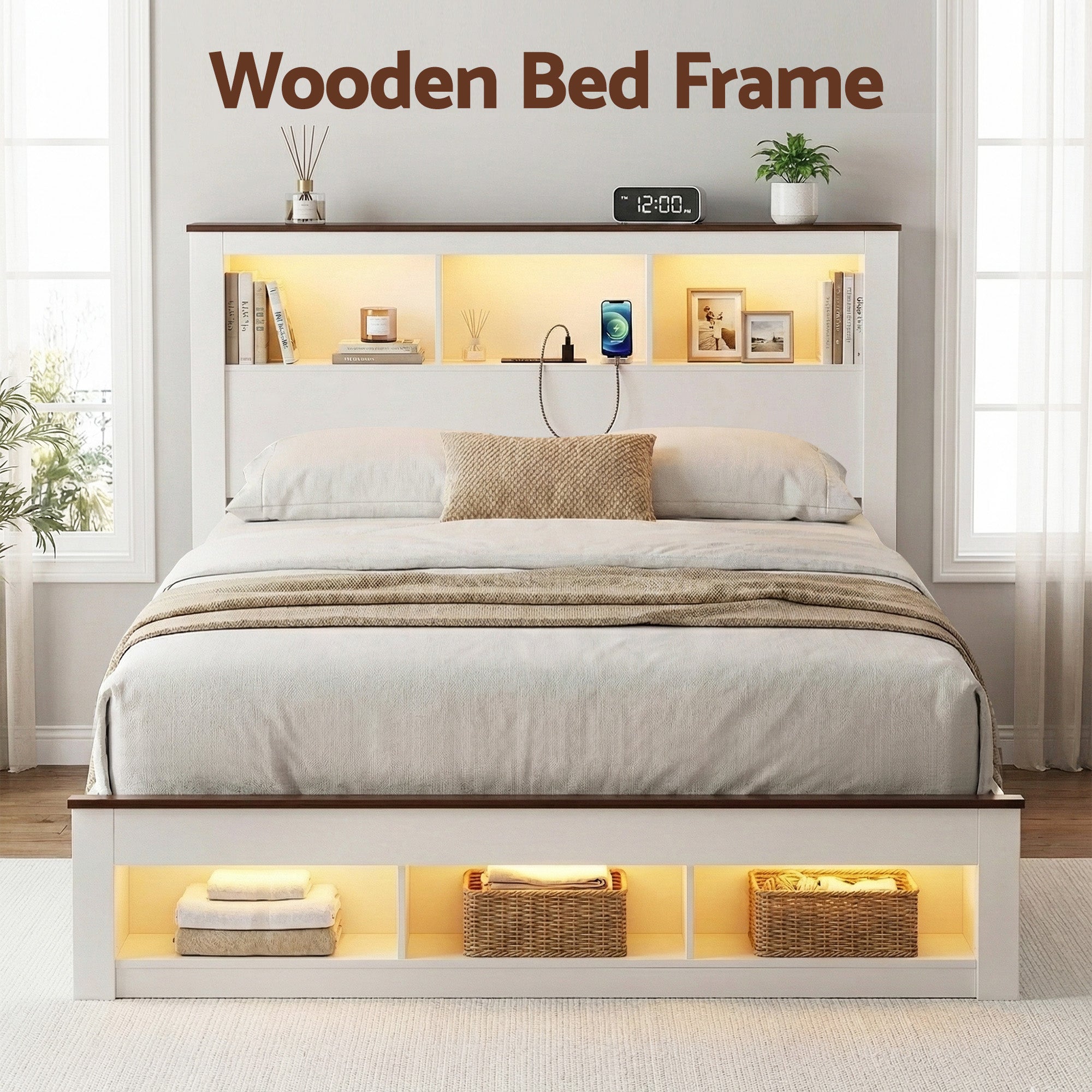 Farmhouse Queen Wooden LED Storage Bed Frame with USB Charging - White