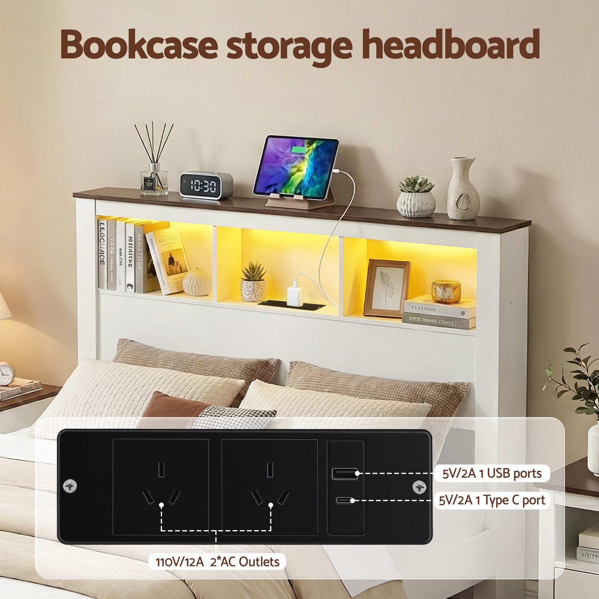 Farmhouse Queen Wooden LED Storage Bed Frame with USB Charging - White