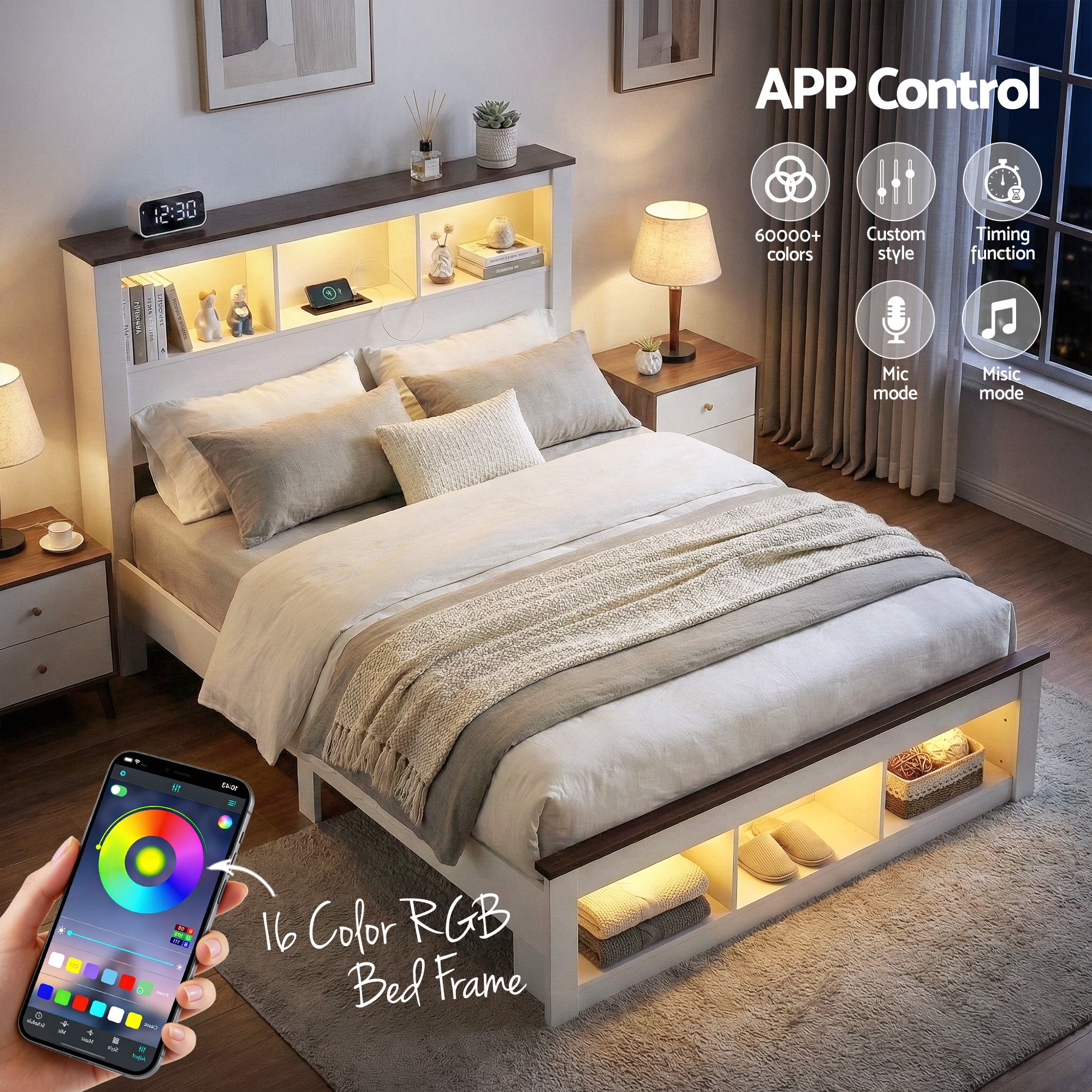 Farmhouse Queen Wooden LED Storage Bed Frame with USB Charging - White