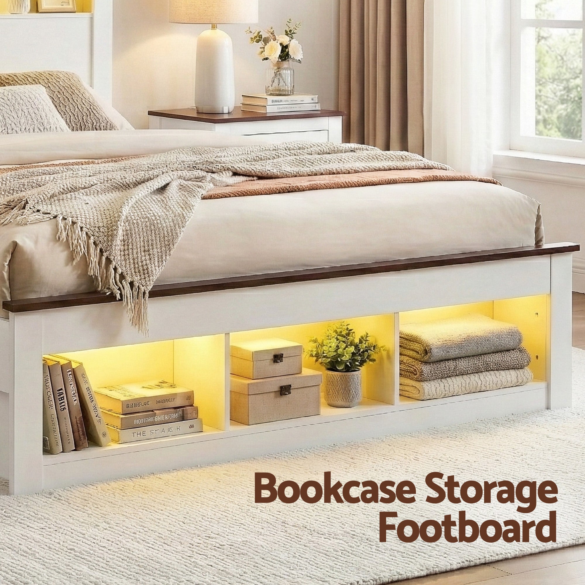 Farmhouse Queen Wooden LED Storage Bed Frame with USB Charging - White