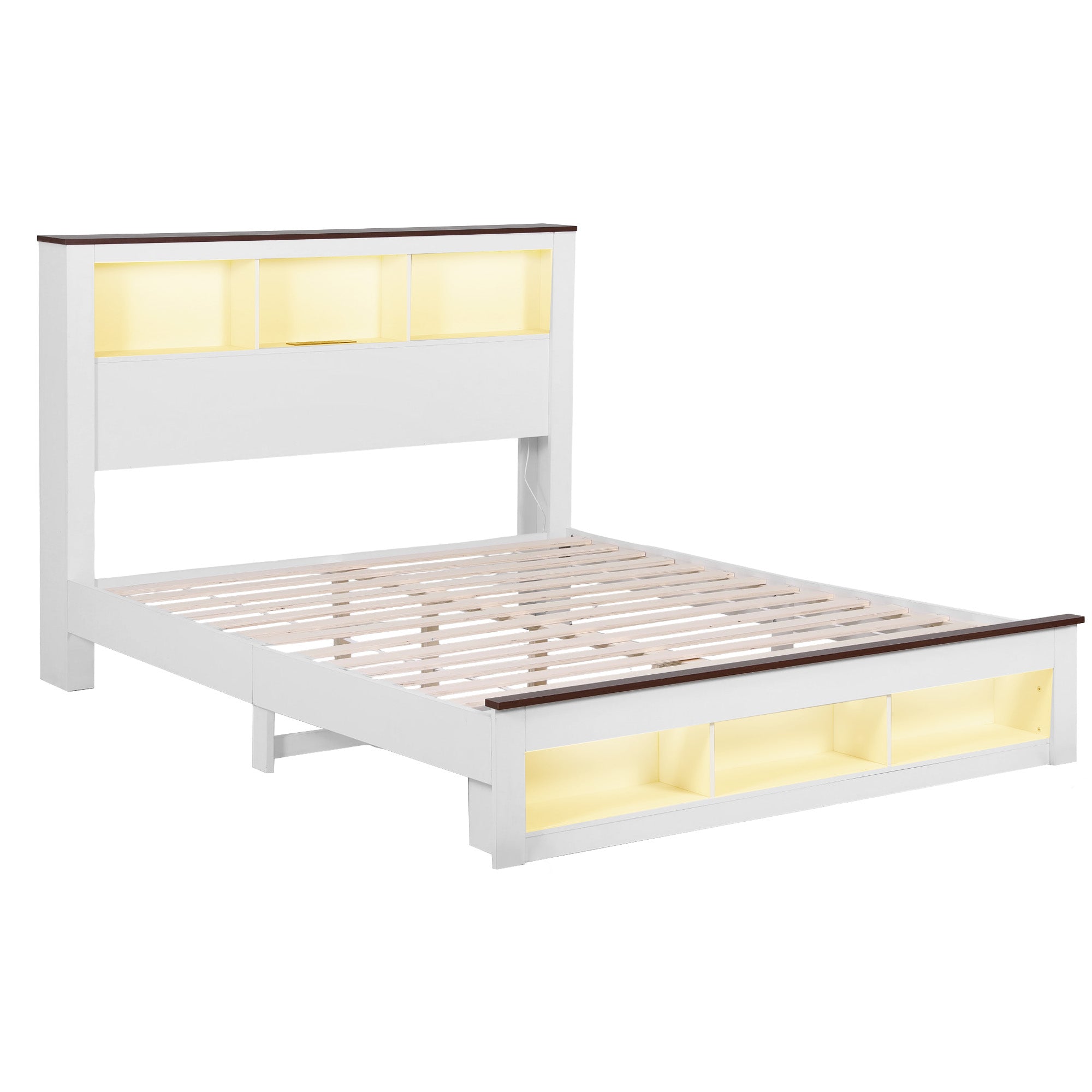 Farmhouse Queen Wooden LED Storage Bed Frame with USB Charging - White
