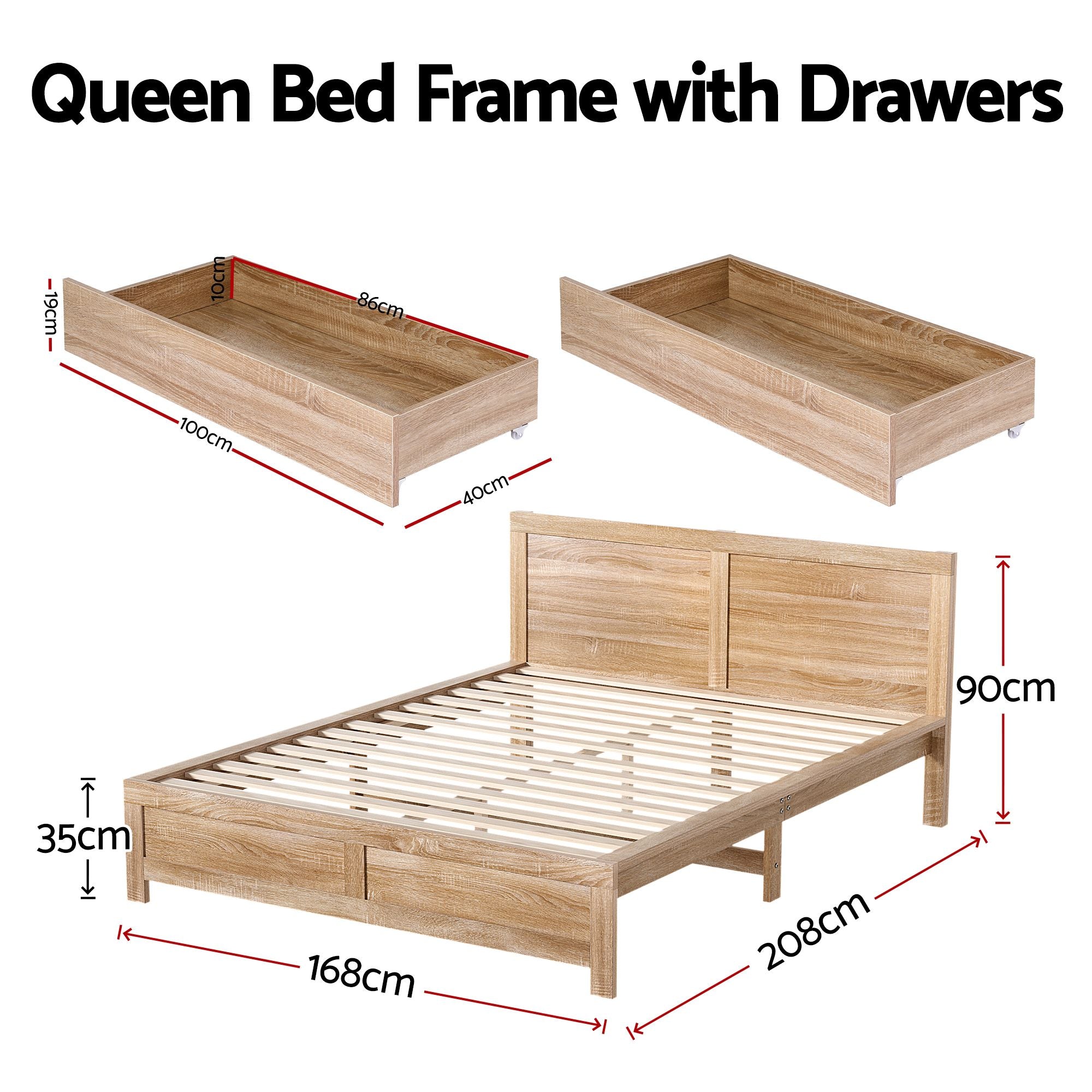 Queen Size Bed Frame with 2 Drawers Bedroom Furniture