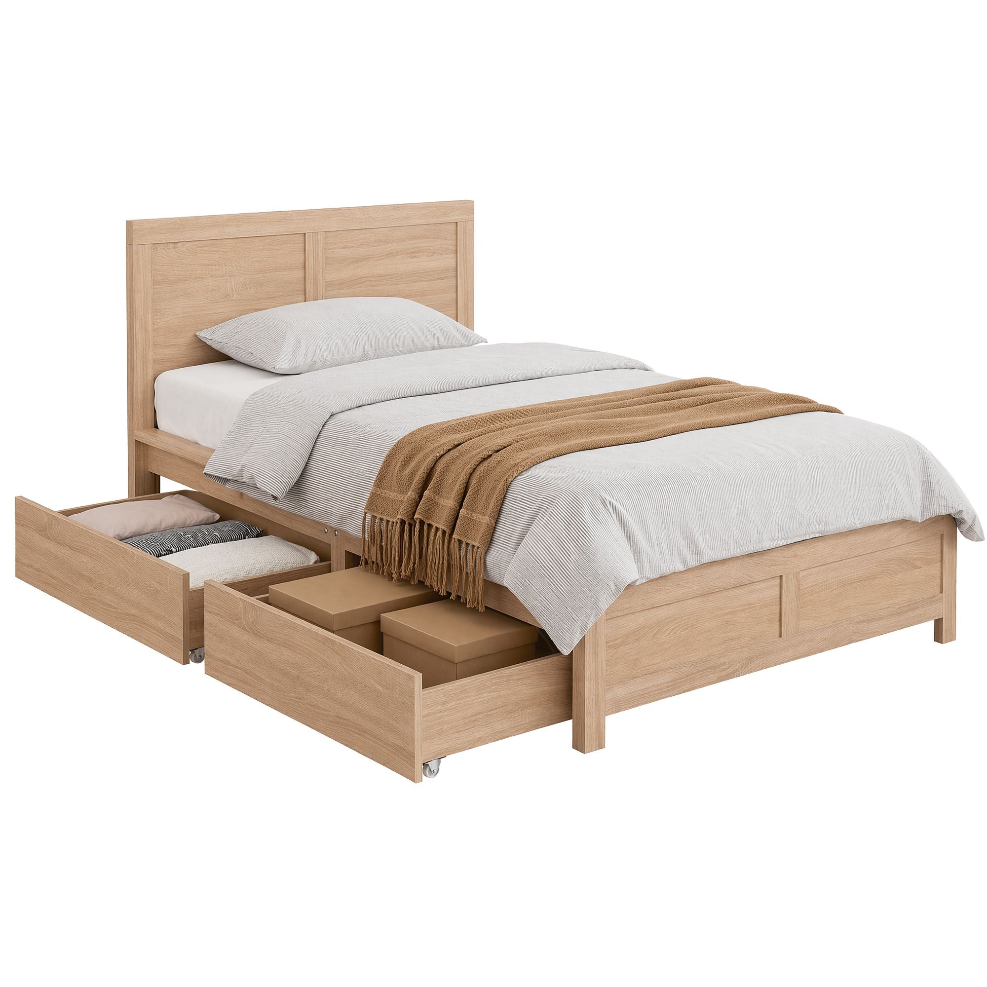 Single Bed Frame with 2 Drawers Wooden Bed Base Walnut
