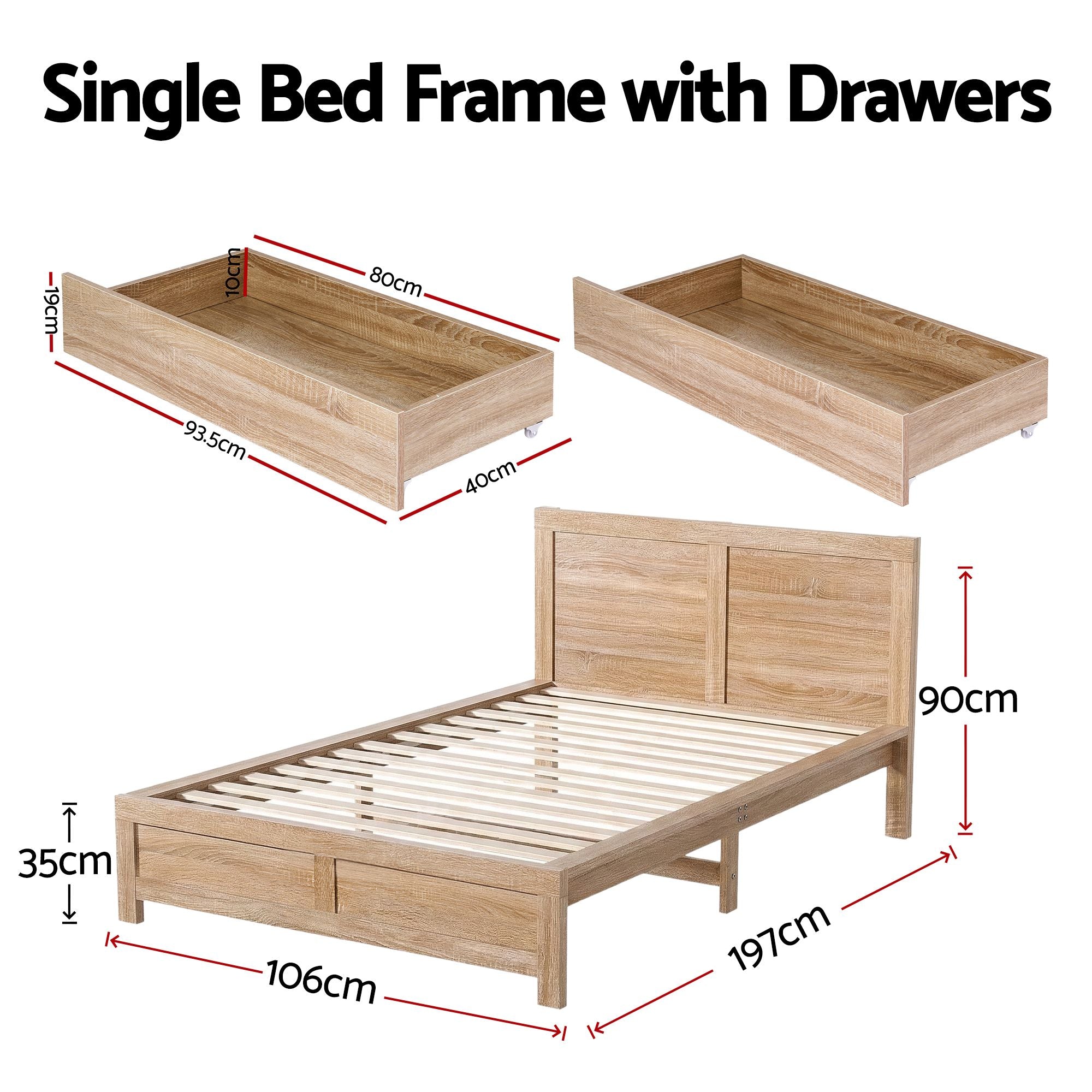 Single Bed Frame with 2 Drawers Wooden Bed Base Walnut