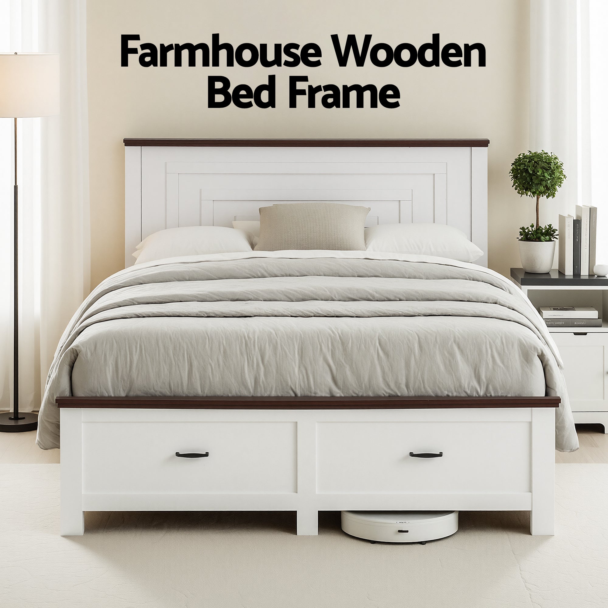 Rawson Double Bed Frame with Storage Drawers and Tall Headboard - White