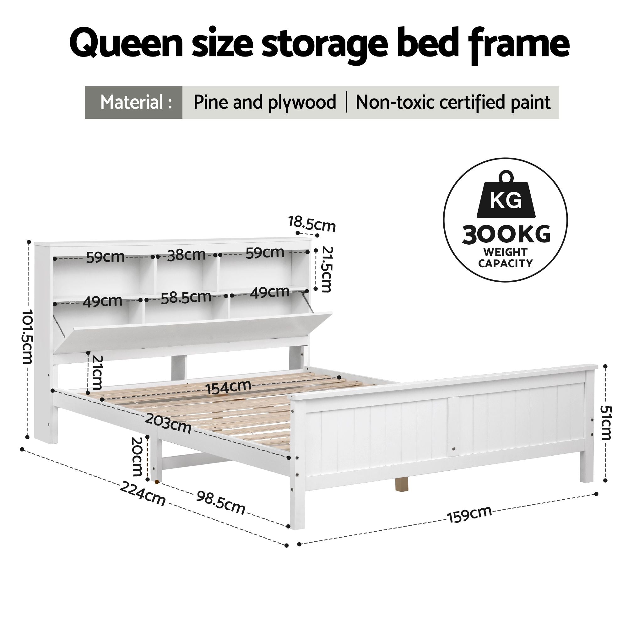 Queen Bed Frame with Storage Headboard and Footboard Wooden Bed Base White