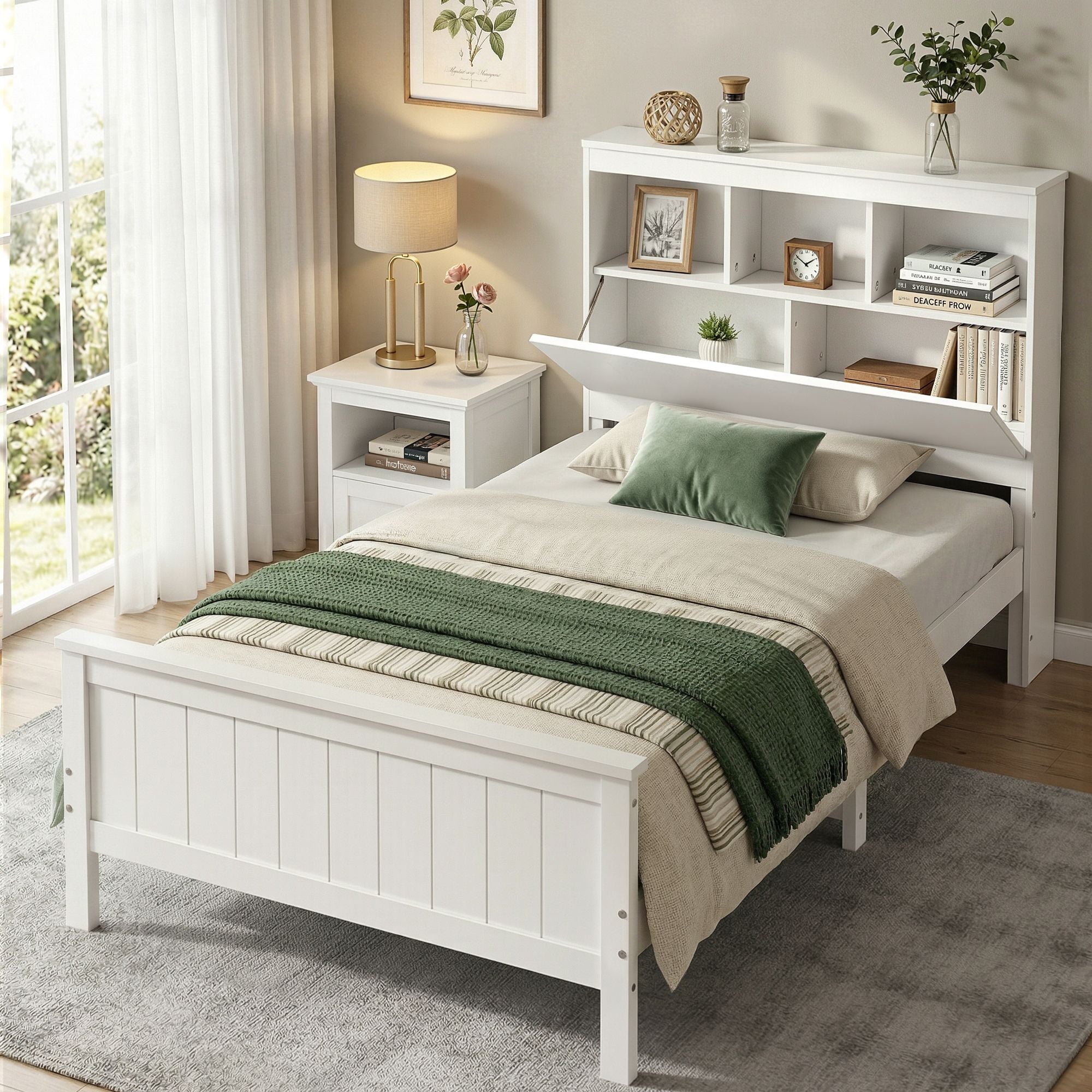 Single Bed Frame with Storage Headboard and Footboard Wooden Bed Base White