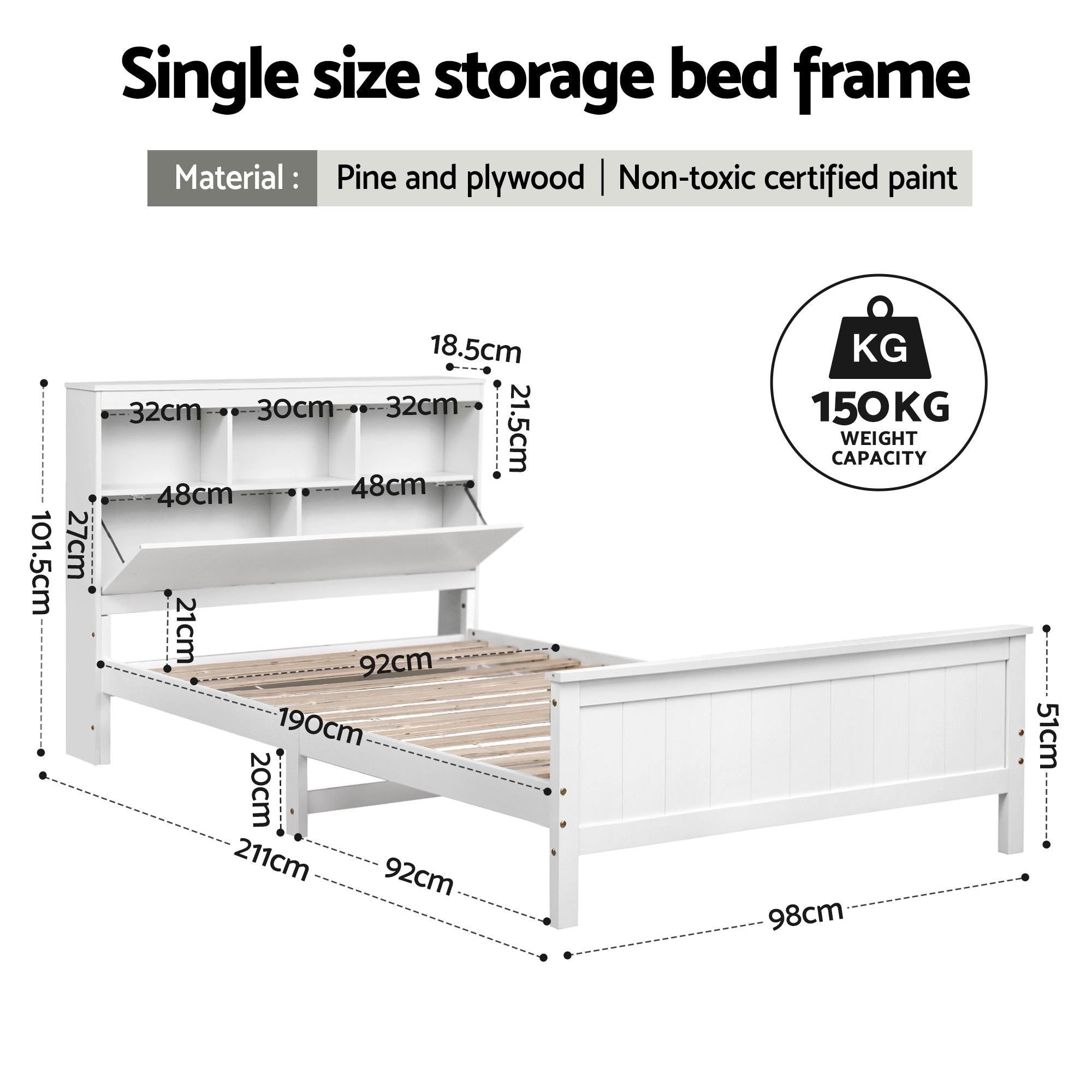 Single Bed Frame with Storage Headboard and Footboard Wooden Bed Base White