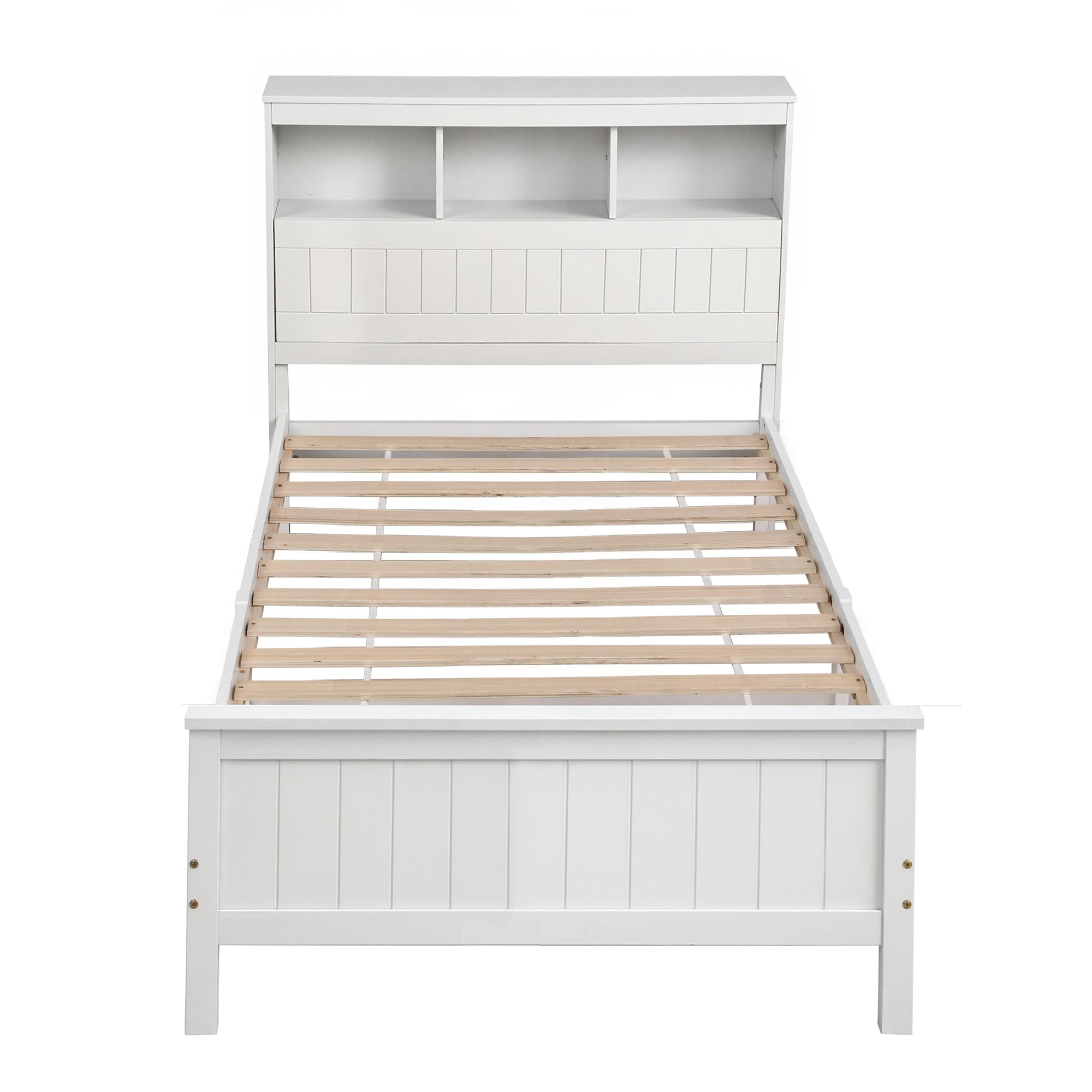 Single Bed Frame with Storage Headboard and Footboard Wooden Bed Base White
