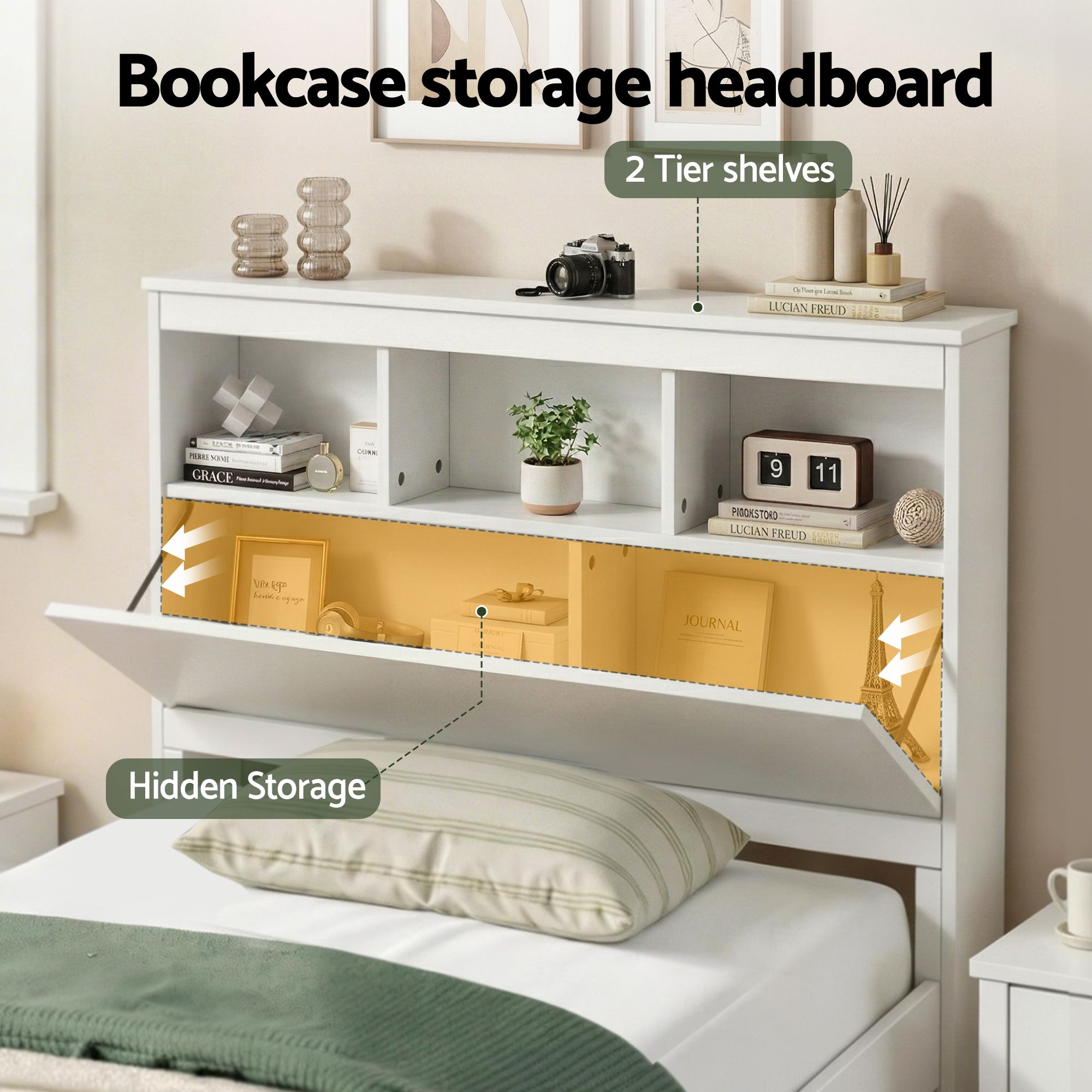 Single Bed Frame with Storage Headboard and Footboard Wooden Bed Base White