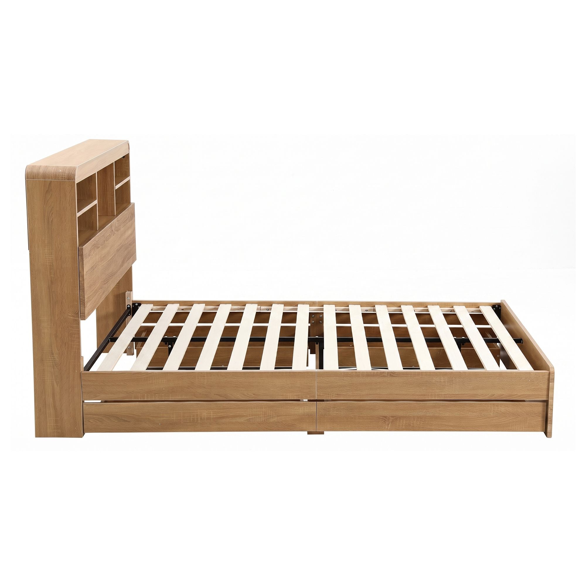 Double Bed Frame with 4 Storage Drawers, USB Ports & Night Light - Natural