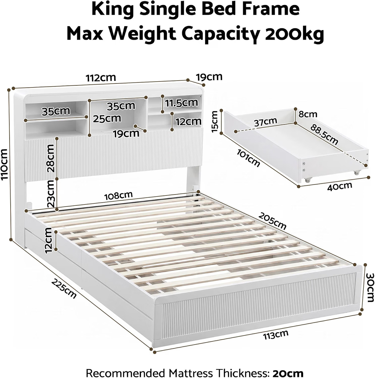 King Single Bed Frame with 4 Storage Drawers and 2 Bedside Tables