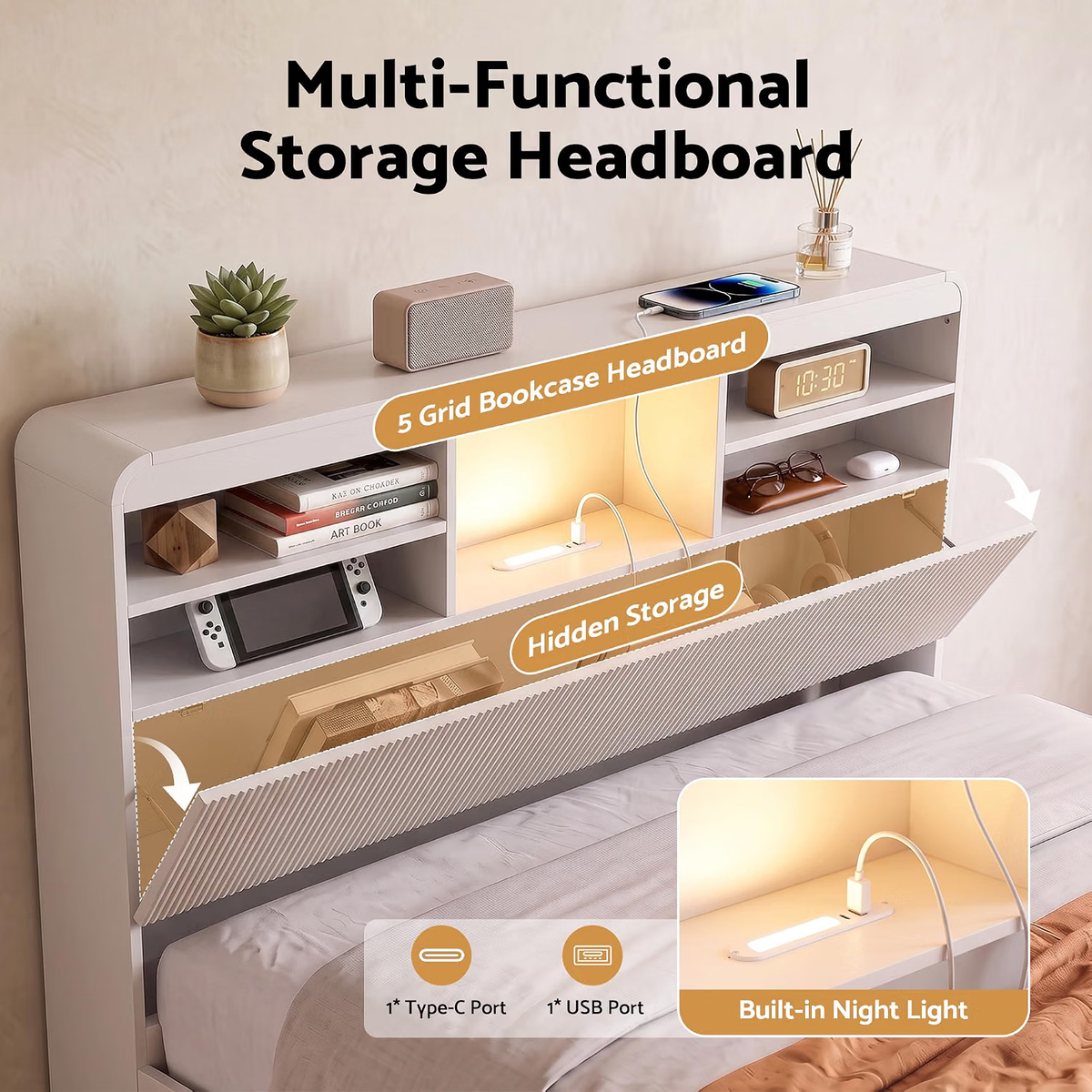 King Single Bed Frame with 4 Storage Drawers and 2 Bedside Tables