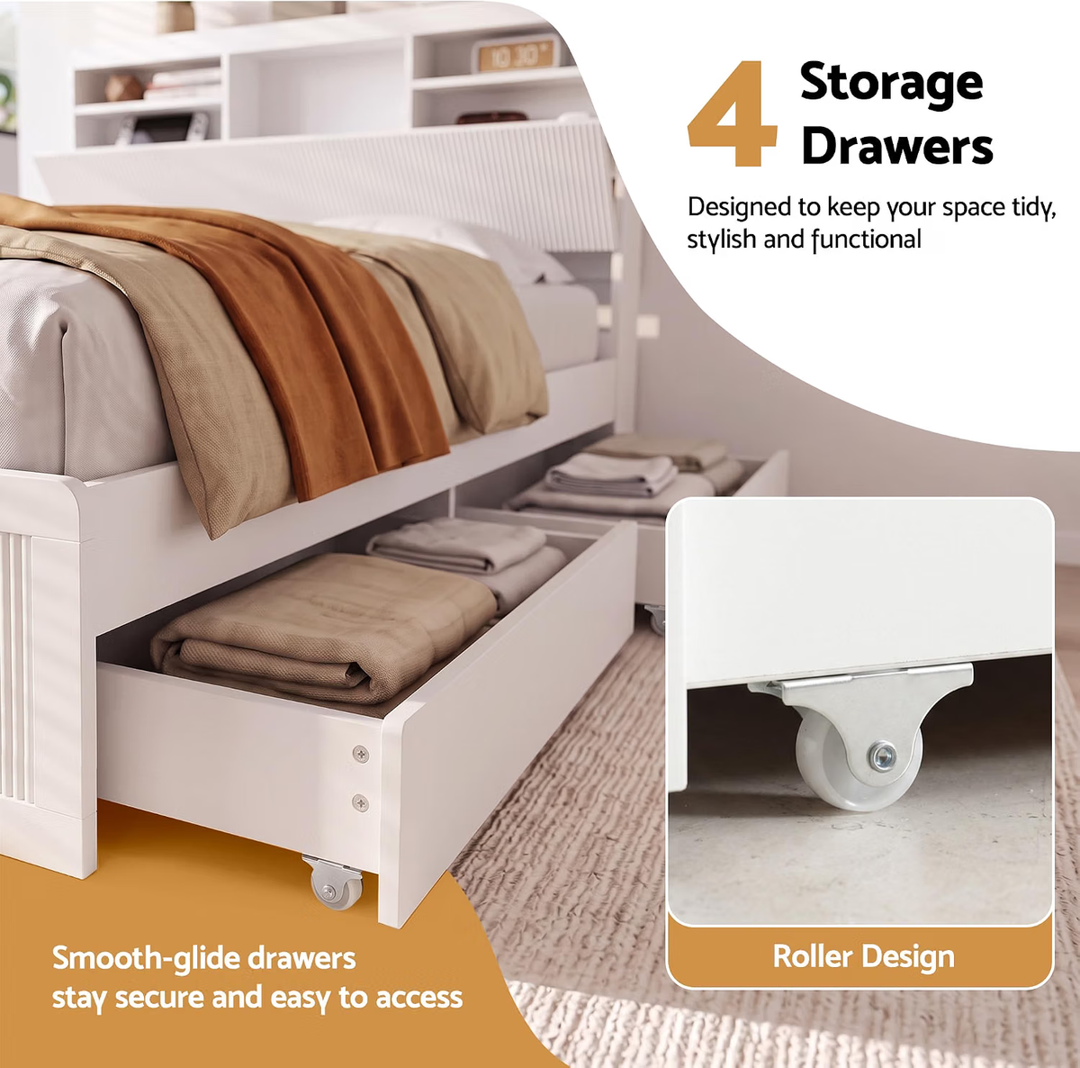 King Single Bed Frame with 4 Storage Drawers and 2 Bedside Tables