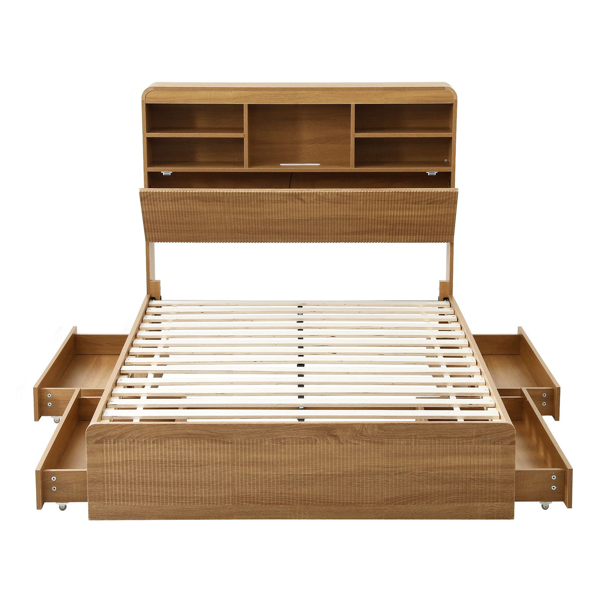 King Single Bed Frame with 4 Storage Drawers, USB Ports & Night Light - Natural