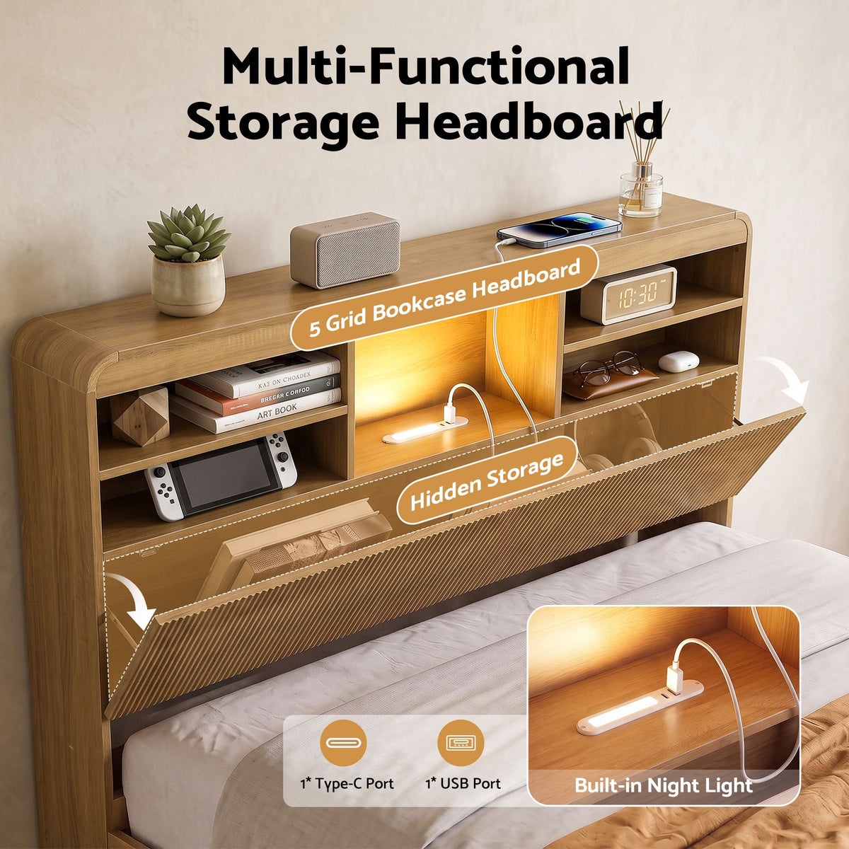 King Single Bed Frame with 4 Storage Drawers, USB Ports & Night Light - Natural