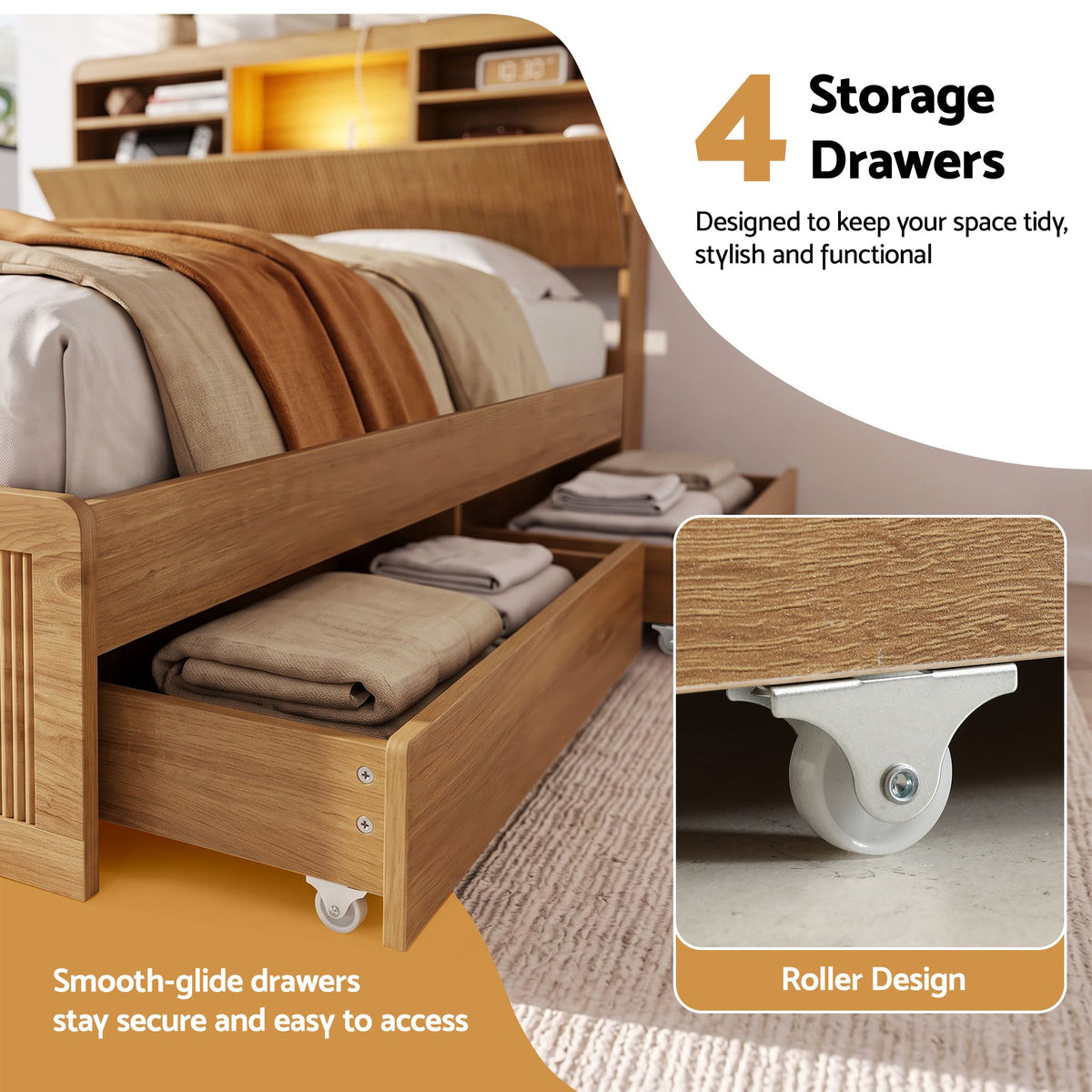 King Single Bed Frame with 4 Storage Drawers, USB Ports & Night Light - Natural