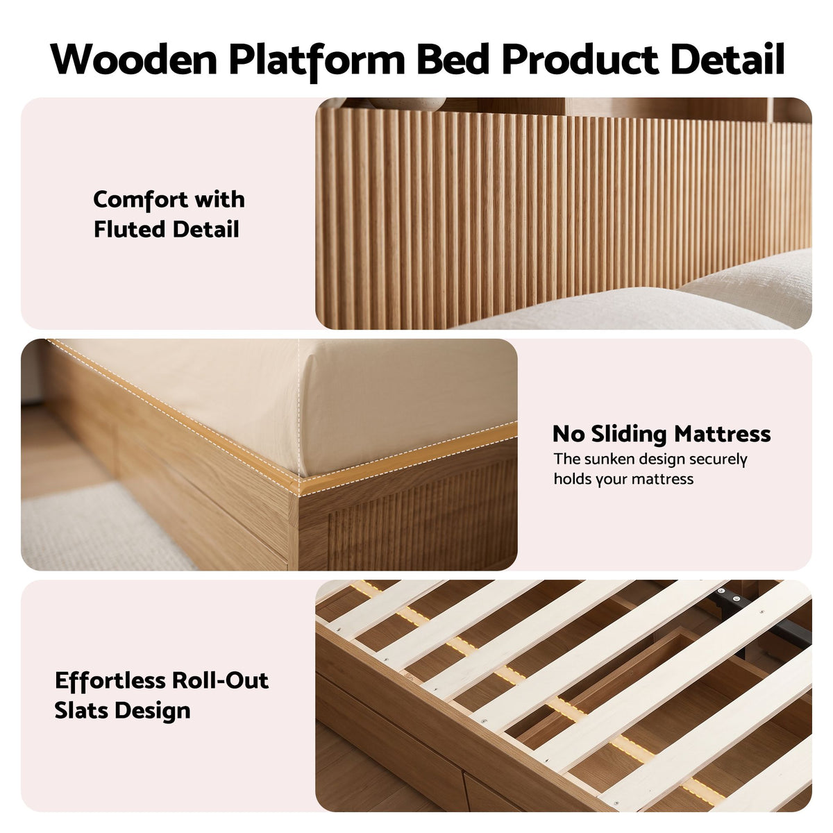 King Single Bed Frame with 4 Storage Drawers, USB Ports & Night Light - Natural