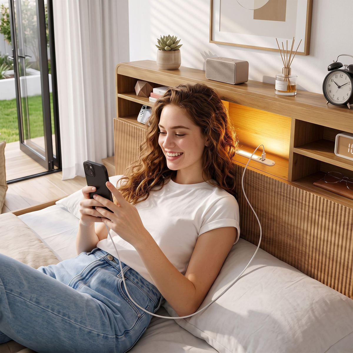 King Single Bed Frame with 4 Storage Drawers, USB Ports & Night Light - Natural
