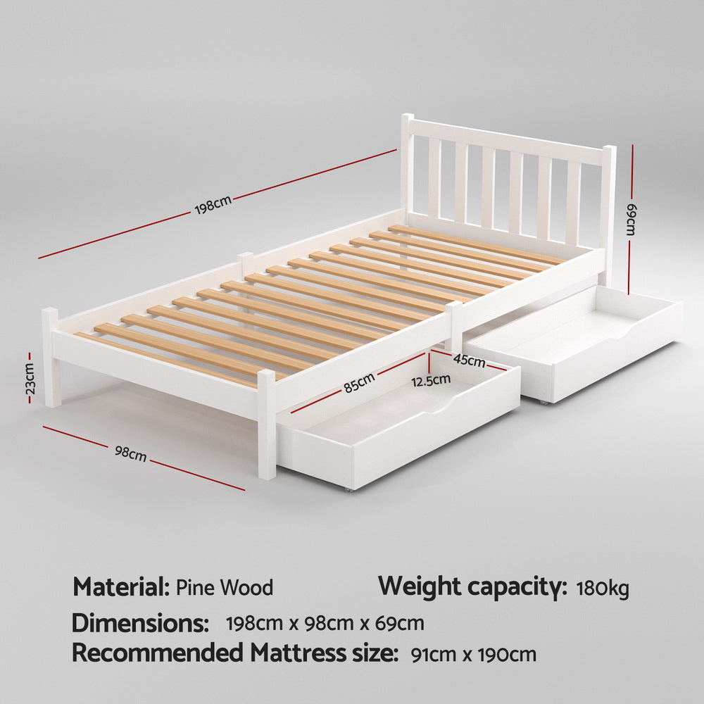 Single Package | Somerleigh Bed Frame with Storage Drawers White & Glay Bonnell Spring Mattress (Medium Firm)