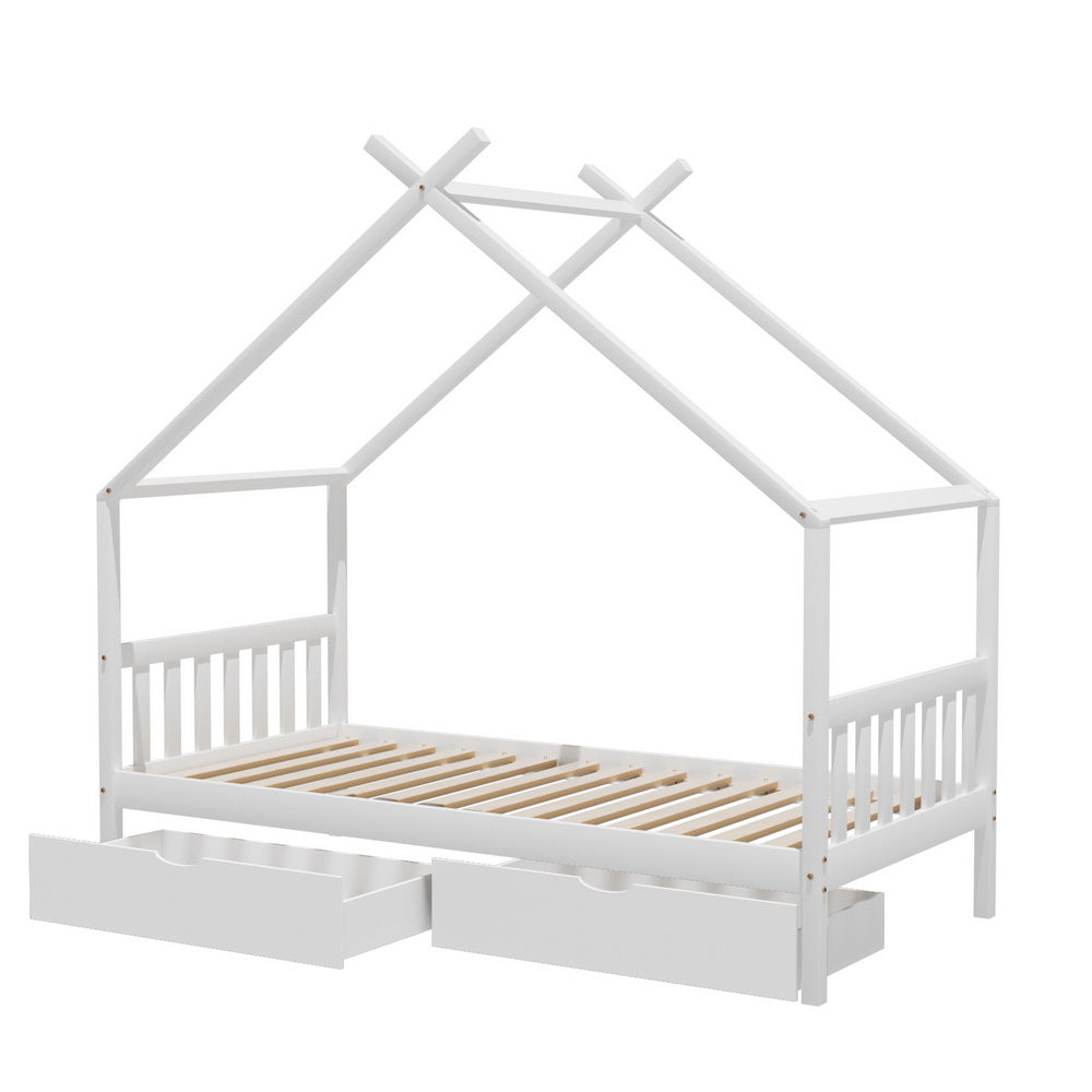 Single Size House Bed Frame with Storage Drawers – Montessori Style (White)