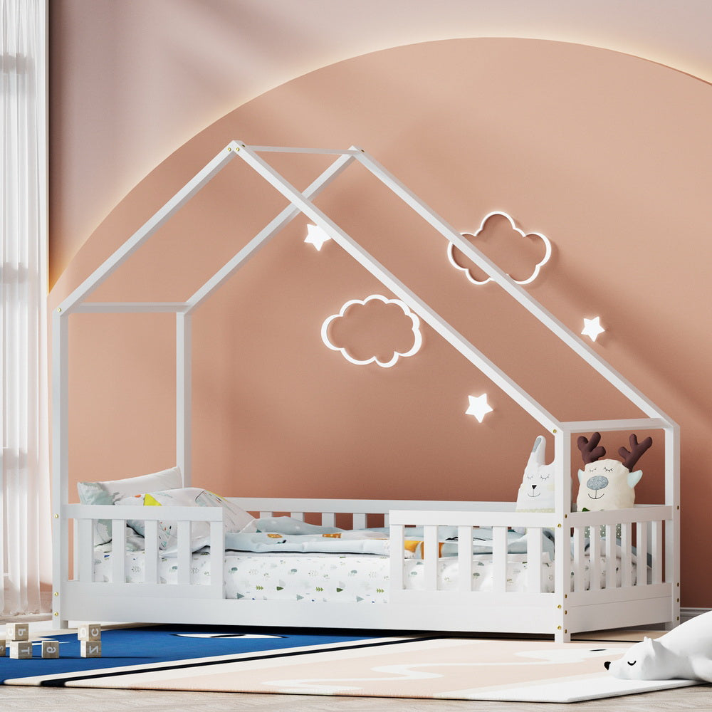 Pavo House Shaped Single Wooden Bed Frame White