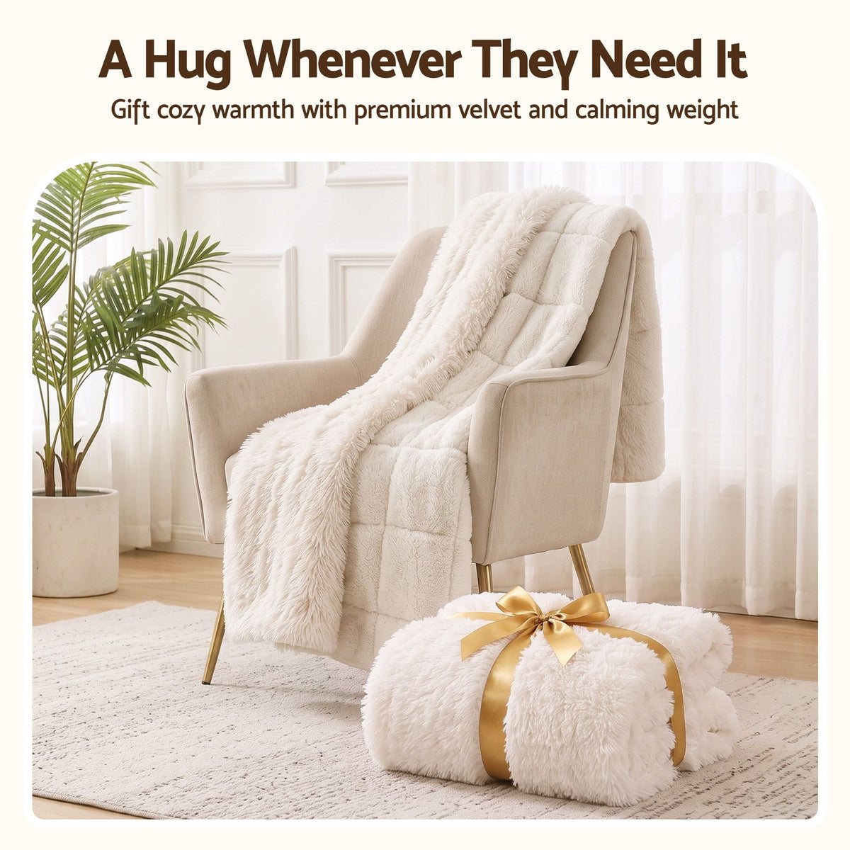 Faux Fur Weighted Blanket 152 x 203cm 9kg Two-Sided Sherpa Long Pile - Cream