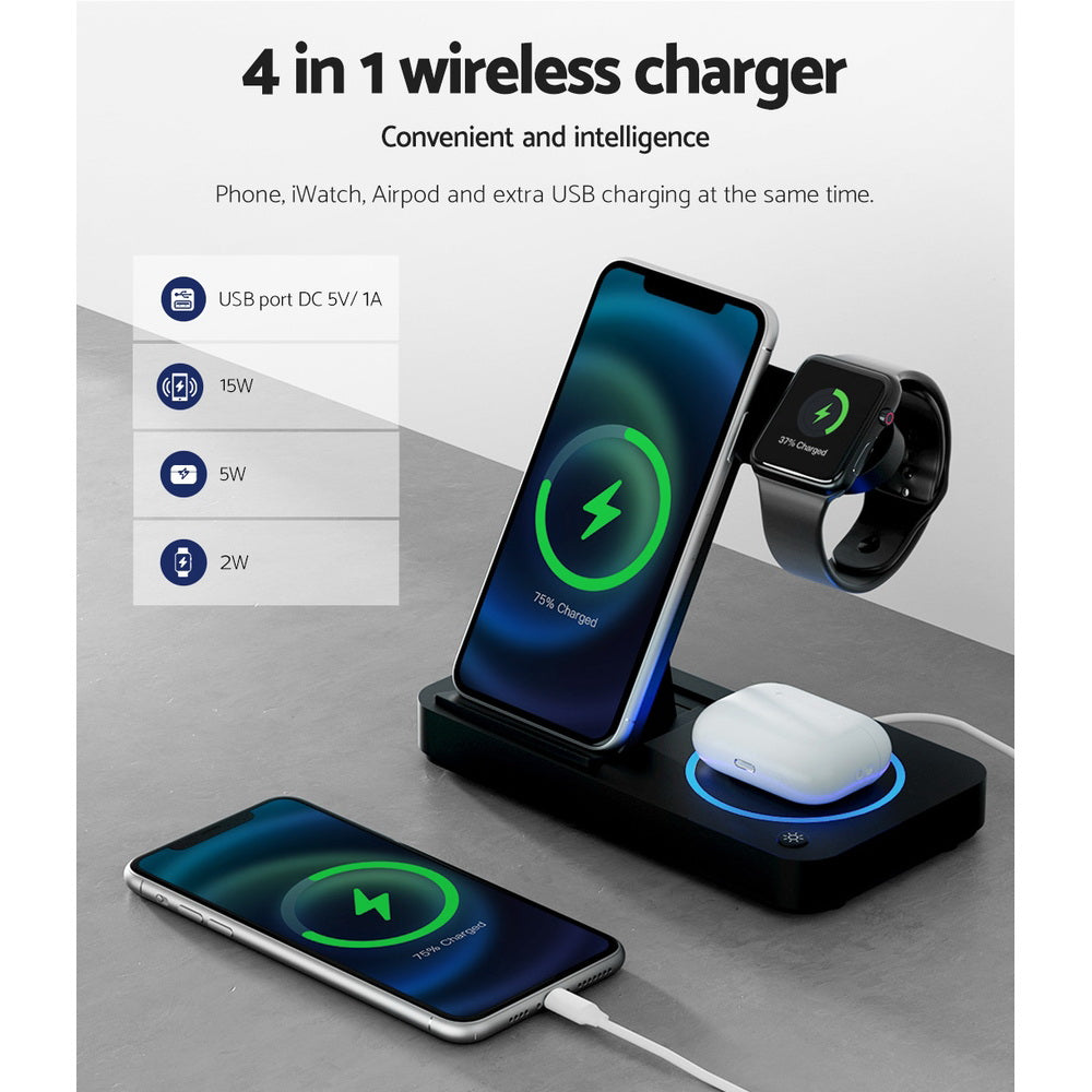 4-in-1 Wireless Bedside Charger Station - Black