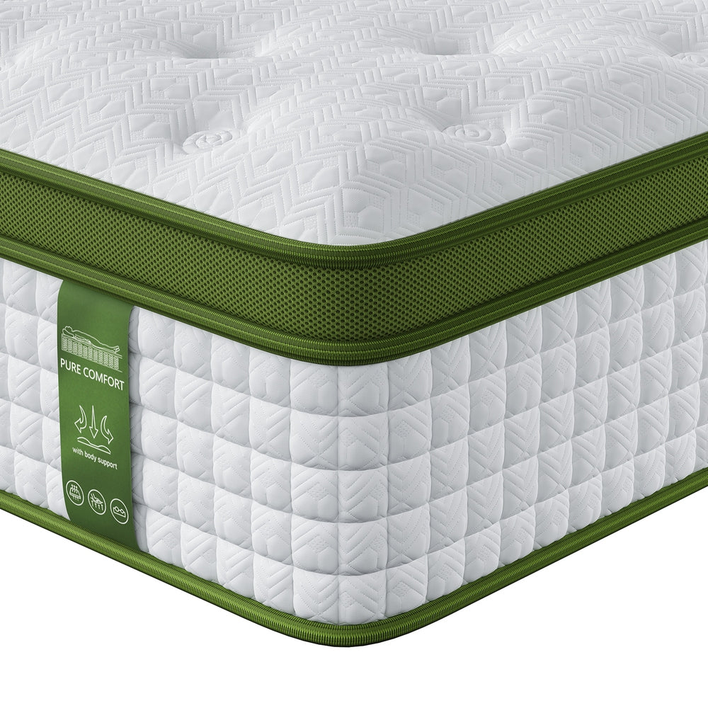 Pure Comfort Hybrid Euro Top Mattress 34cm Thick - King with quilted white surface and green breathable edge panel
