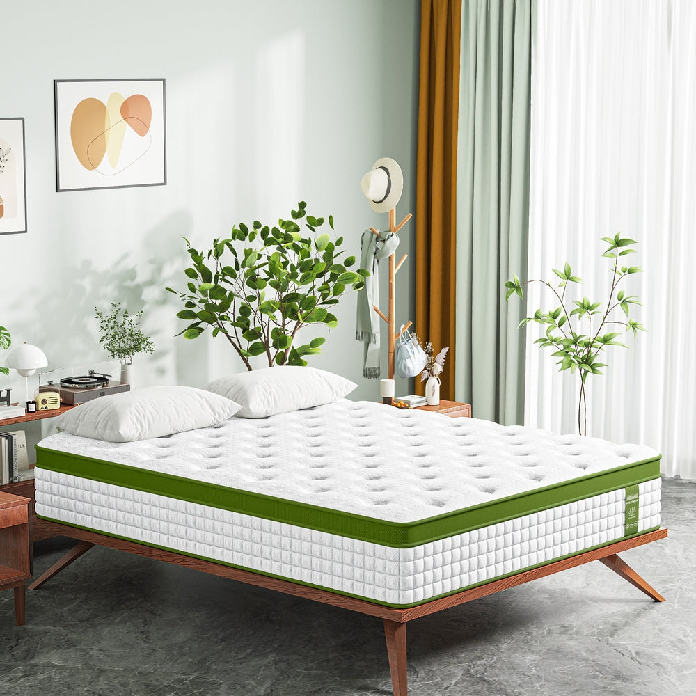 Pure Comfort Hybrid Euro Top Mattress 34cm Thick - King on wooden bed frame in a modern bedroom setting