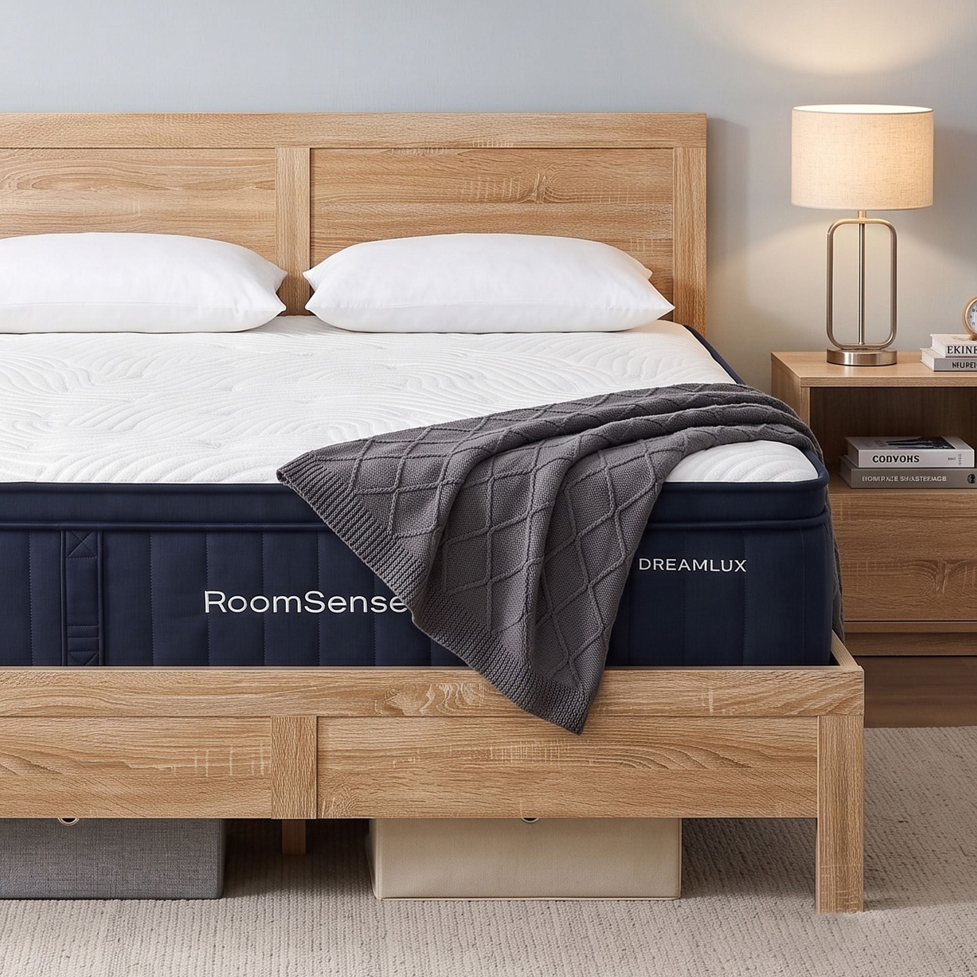 Double 34cm Medium Soft Gel Mattress and Oatmeal Bed Frame Bundle - Oatmeal