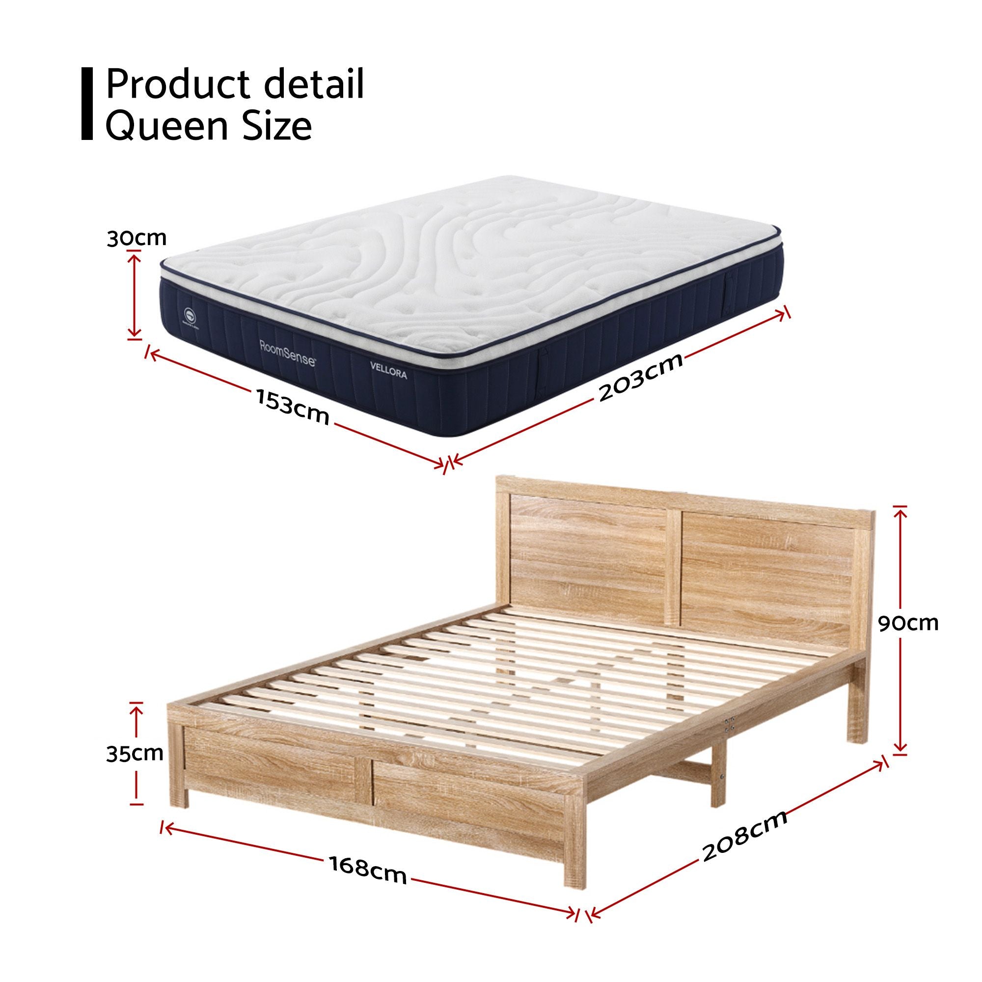 Queen 30cm Medium Firm Latex Mattress and Pine Bed Frame Bundle - Oatmeal