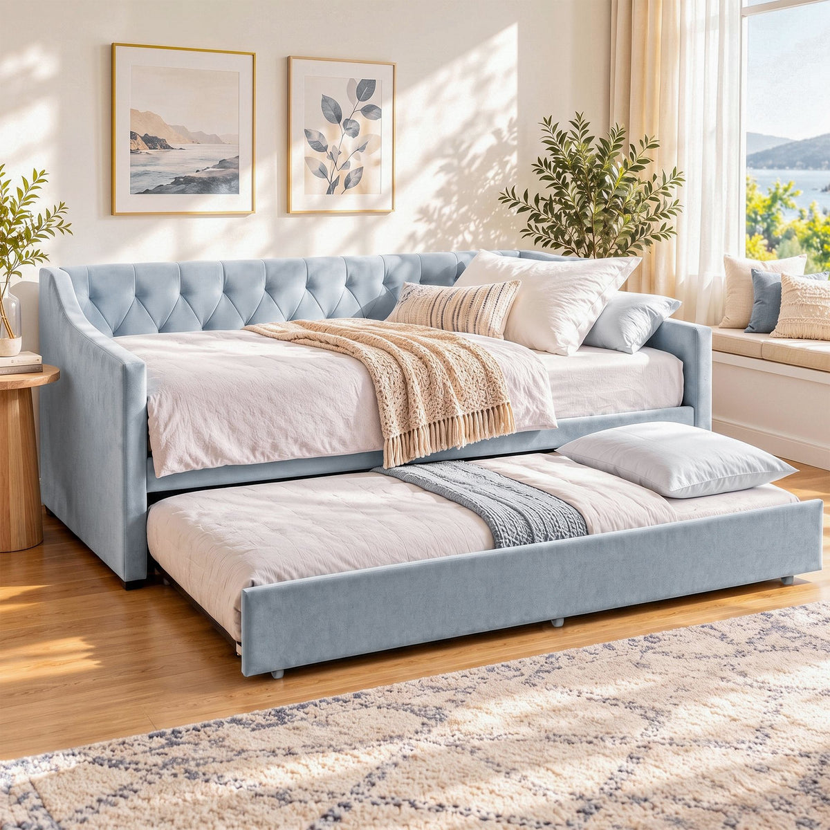 King Single Buttonless Tufted Daybed with Pull-Out Trundle - Light Blue