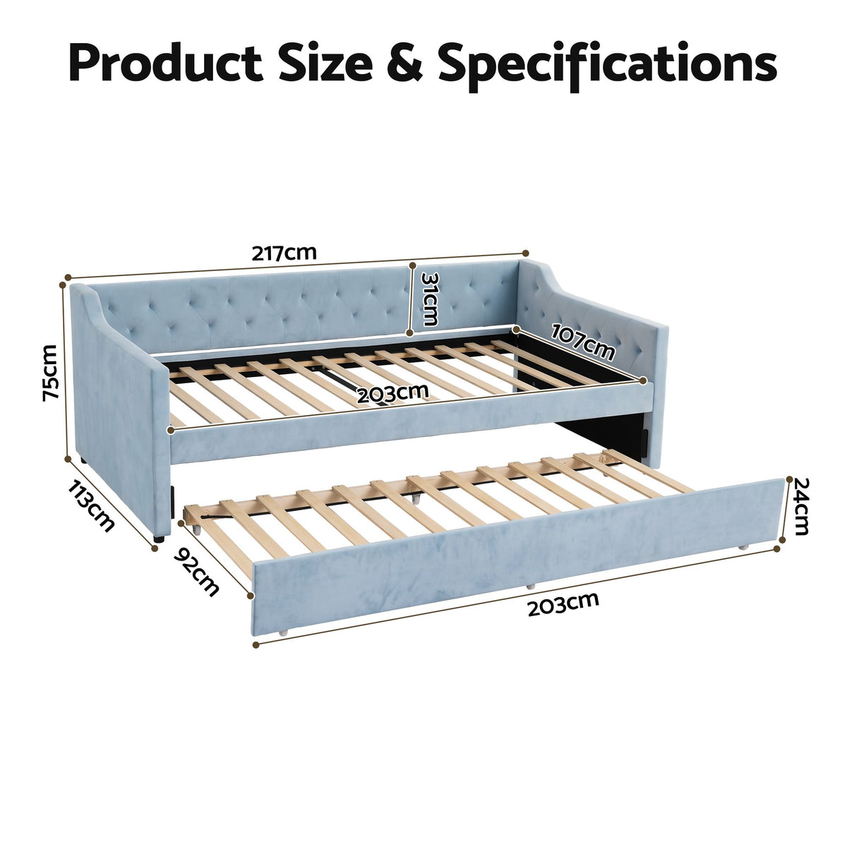 King Single Buttonless Tufted Daybed with Pull-Out Trundle - Light Blue