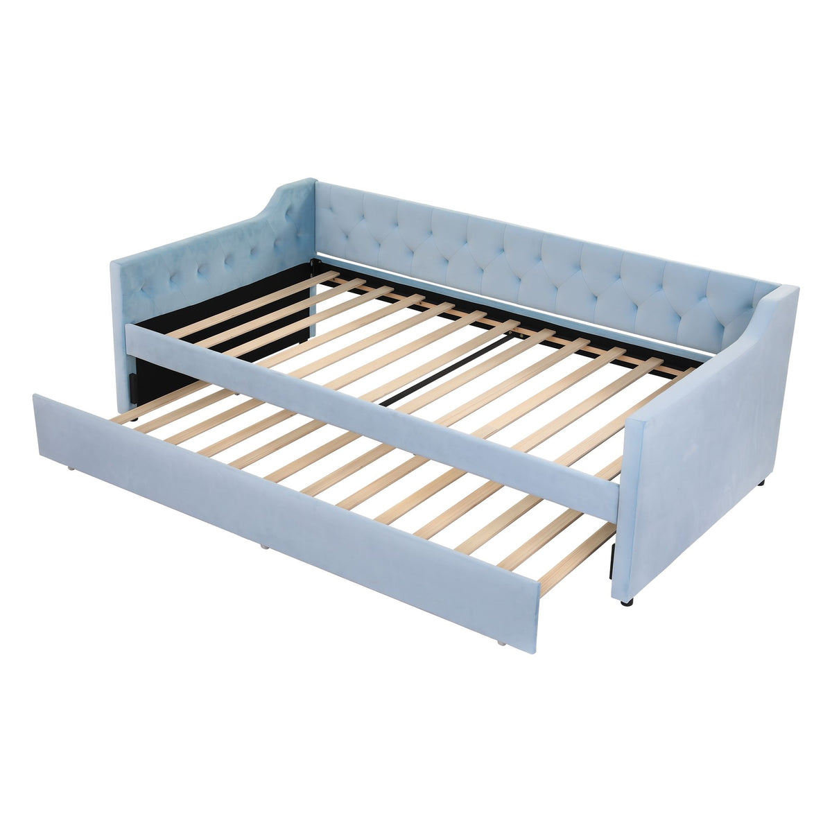 King Single Buttonless Tufted Daybed with Pull-Out Trundle - Light Blue