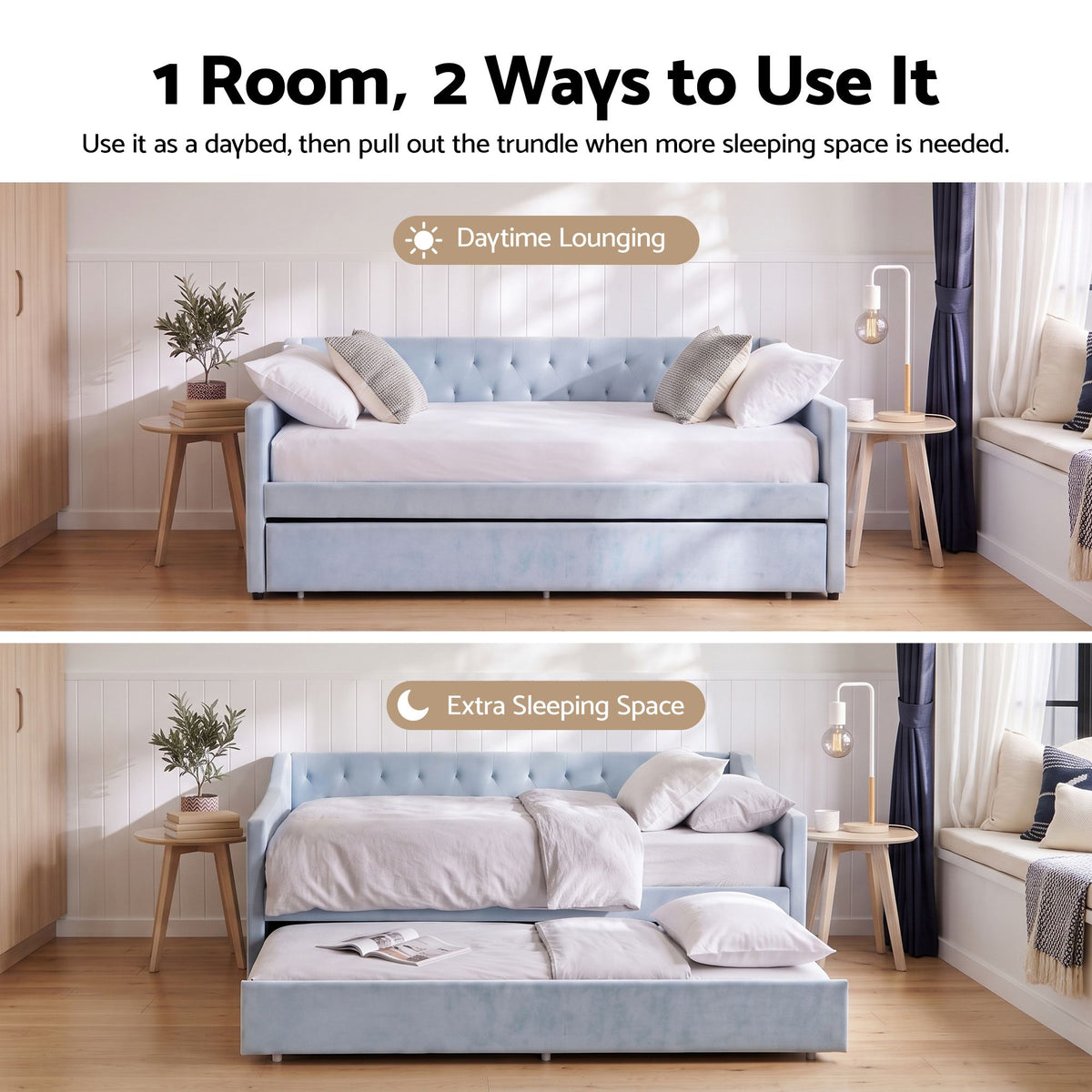 King Single Buttonless Tufted Daybed with Pull-Out Trundle - Light Blue