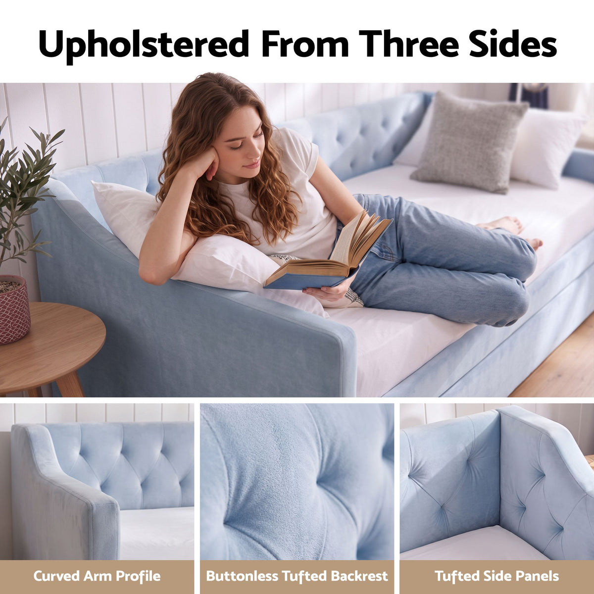 King Single Buttonless Tufted Daybed with Pull-Out Trundle - Light Blue