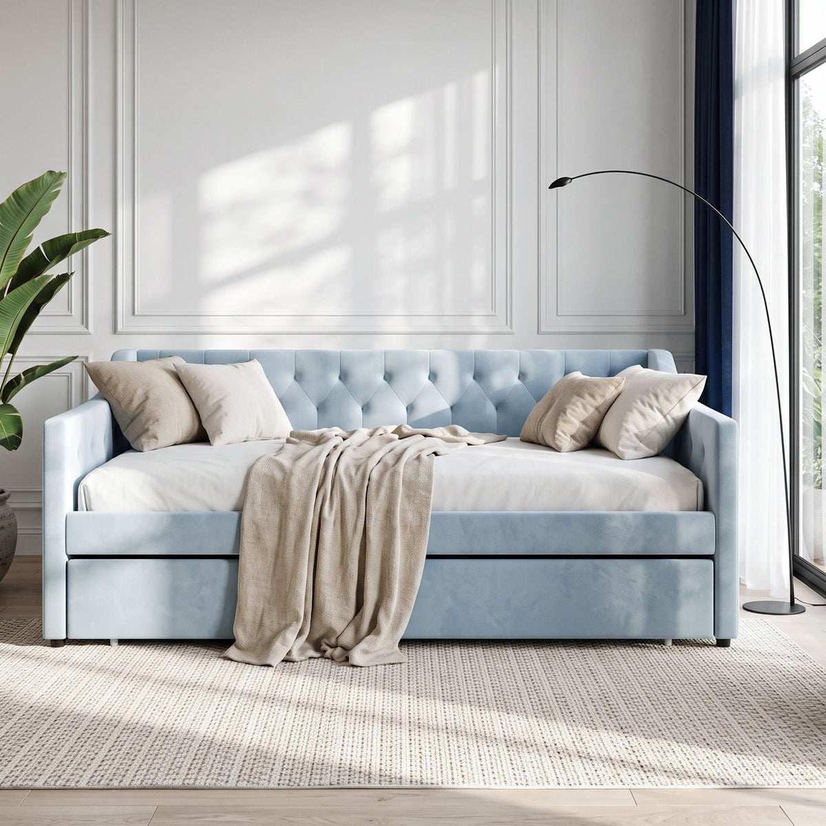 King Single Buttonless Tufted Daybed with Pull-Out Trundle - Light Blue
