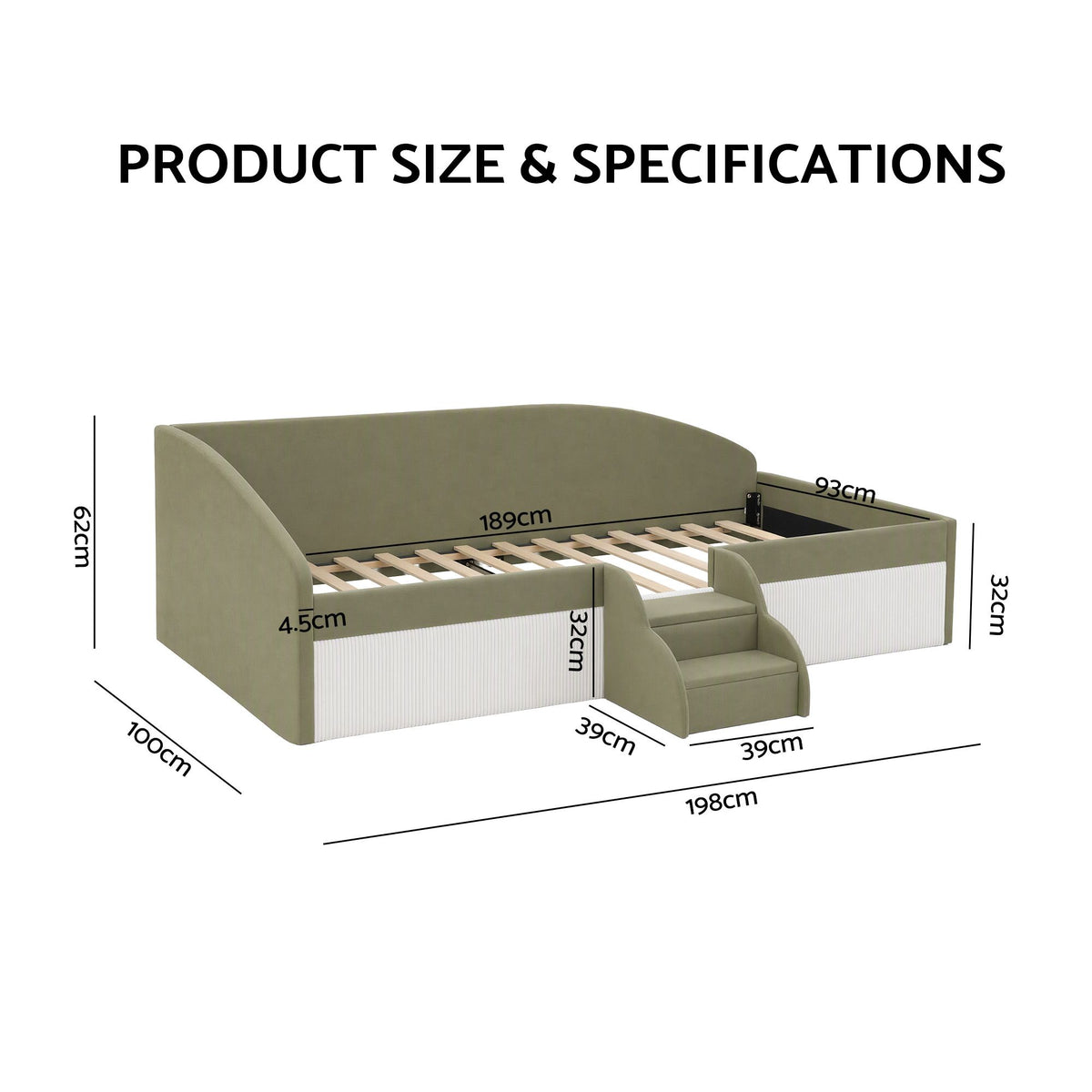 Single Upholstered Daybed with Centre Stair - Olive Green
