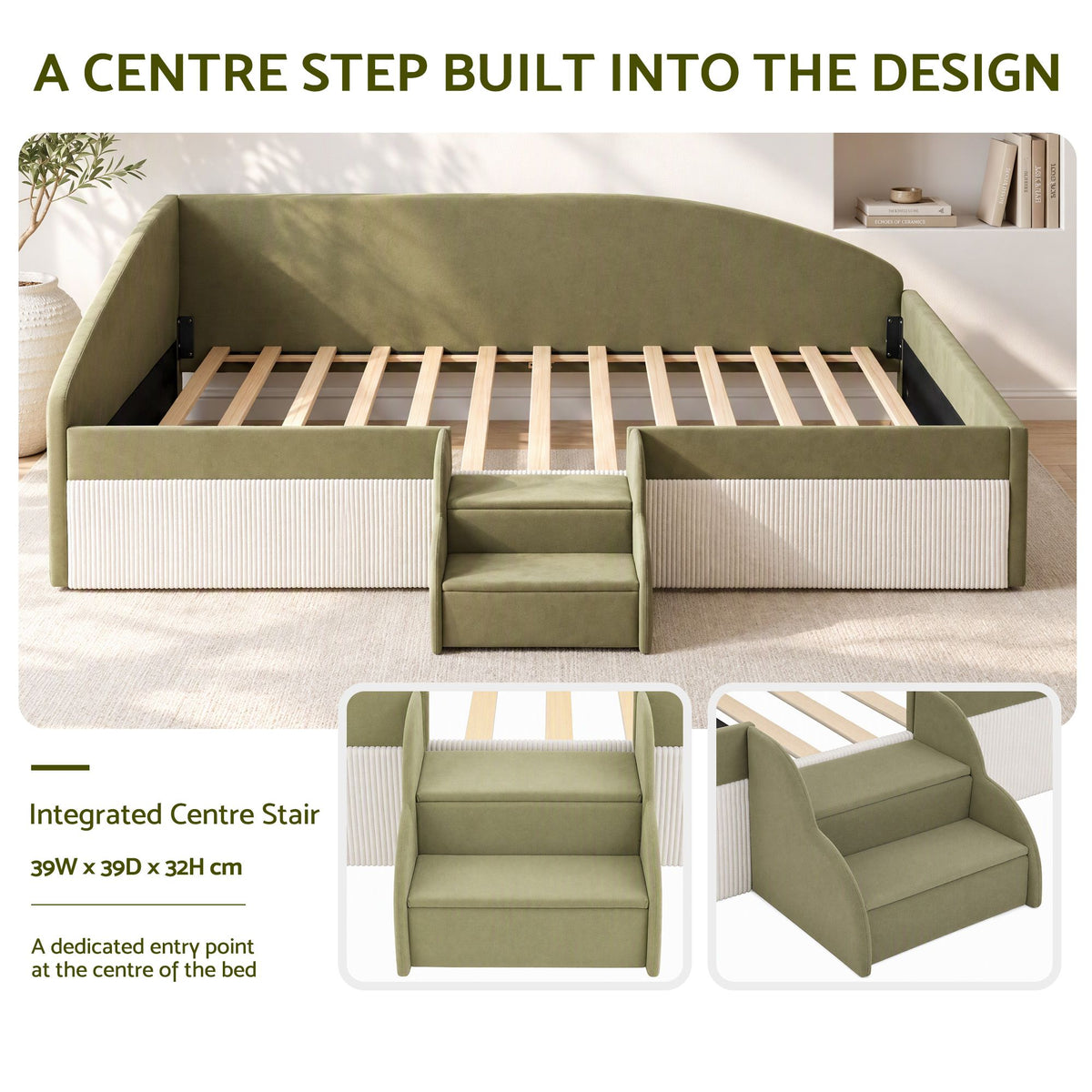 Single Upholstered Daybed with Centre Stair - Olive Green