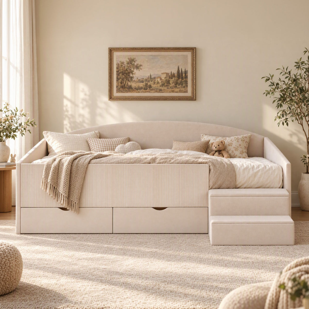 King Single Upholstered Daybed with Stairs and Storage Drawers - Beige