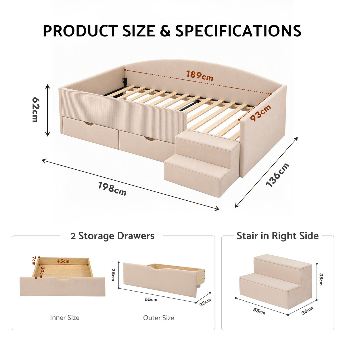 Single Upholstered Daybed with Side Stairs and Storage Drawers - Beige