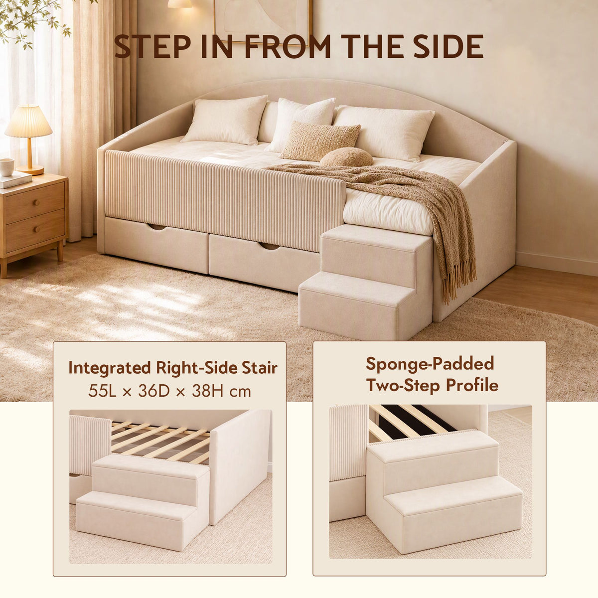 Single Upholstered Daybed with Side Stairs and Storage Drawers - Beige