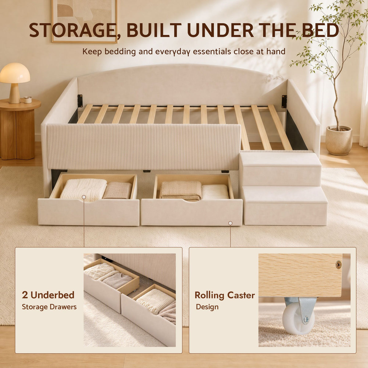 Single Upholstered Daybed with Side Stairs and Storage Drawers - Beige