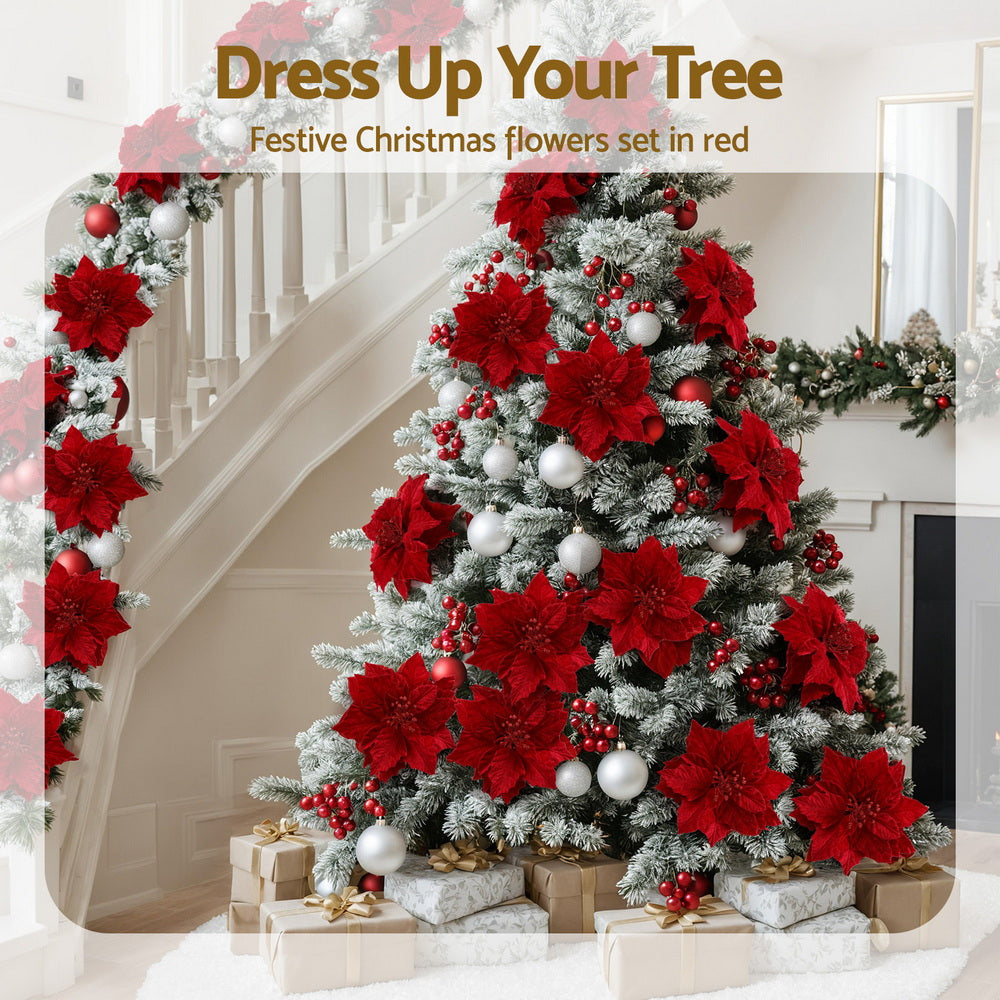 14Pcs Christmas Tree Flowers Set Xmas Garland Wreath Ornaments Red