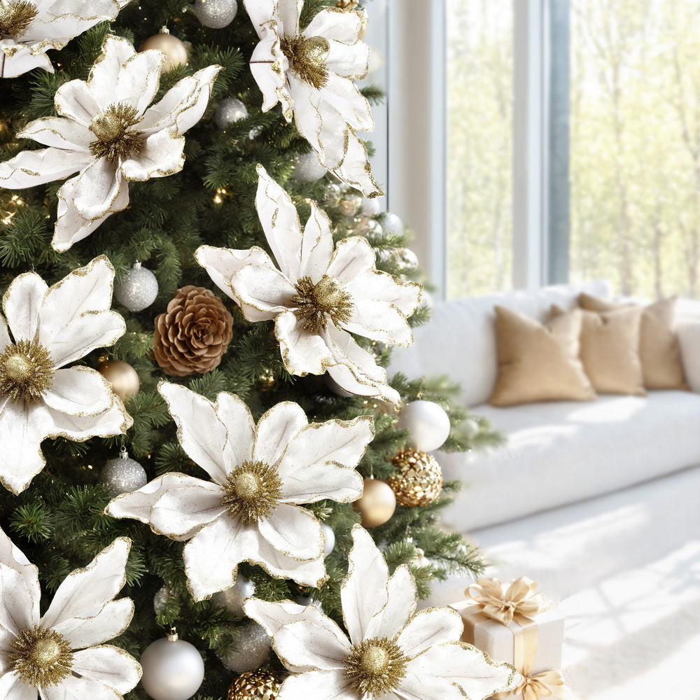 14Pcs Christmas Tree Flower Set Xmas Garland Wreath Magnolia White